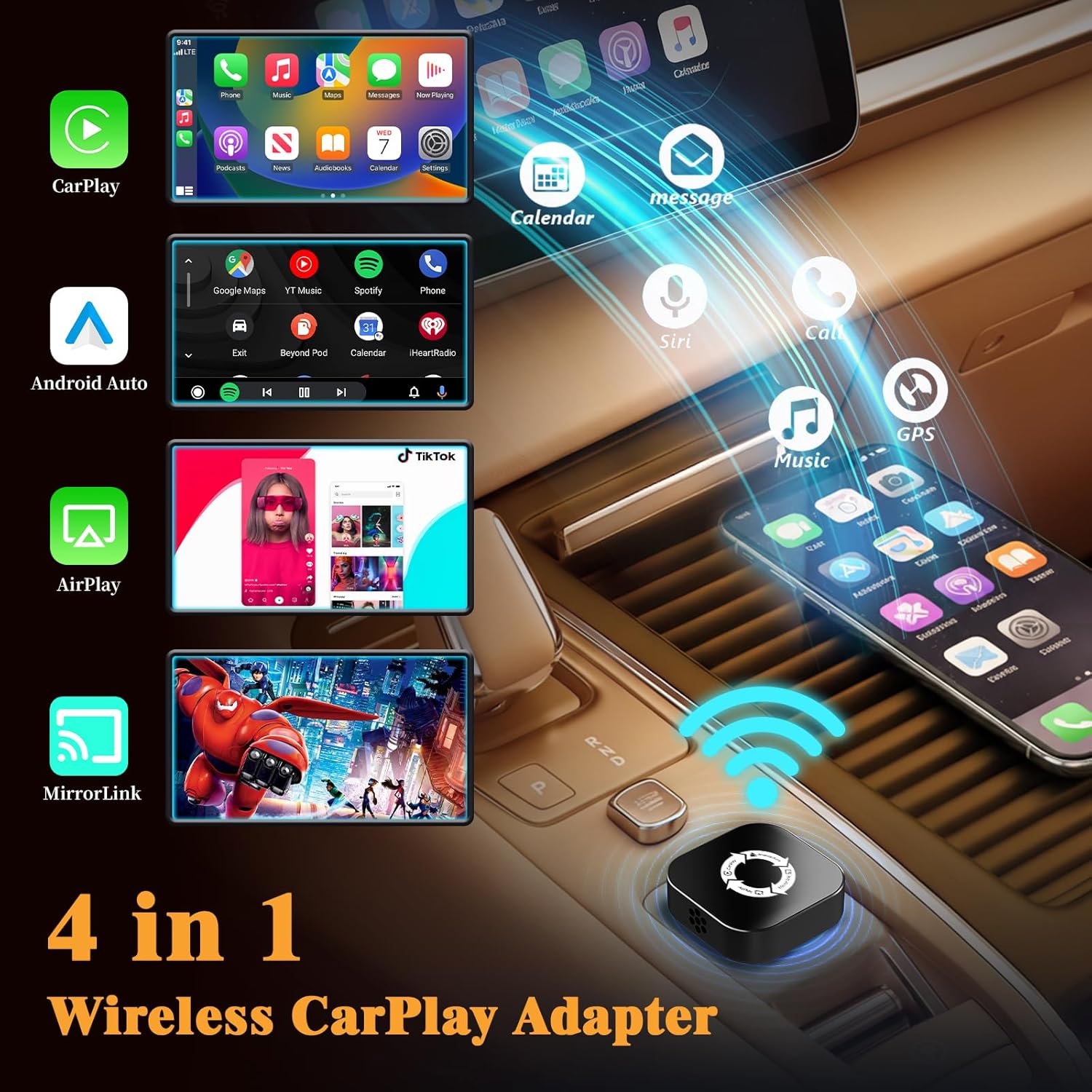 4 in 1 screen mirroring wireless carplay adapte, 2026 upgraded wired to wireless for apple carplay & android auto & airplay & mirrorlink, mini usb car play adapter with type-c extension, plug and play black