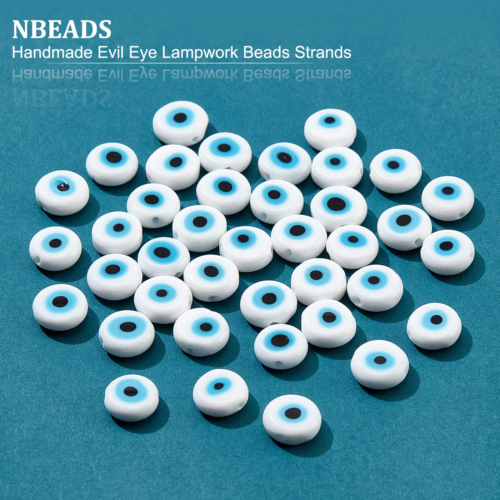 NBEADS 38 Pcs White Glass Evil Eye Beads, 1 Strand Handmade 10mm Flat Round Lampwork Charms for Jewelry, White-flat Round - Image 2