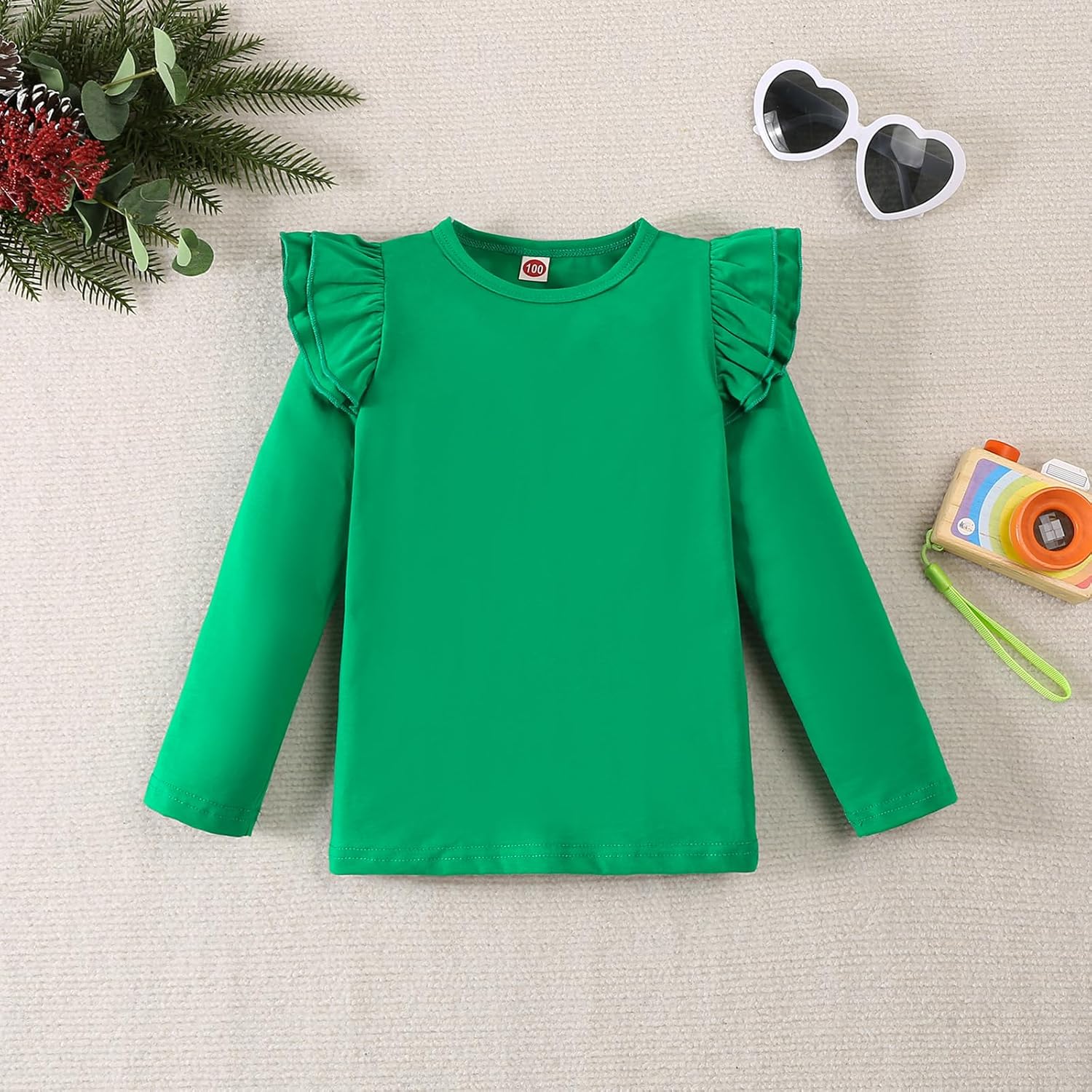 12M-7Y Toddler Baby Girls Ruffle Round Neck Blouse Kids Girl Solid Color Short T-Shirts Casual Tee Tops Bottom - Image 2