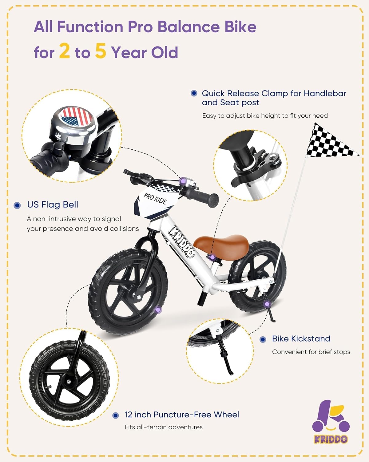 KRIDDO Pro Toddler Balance Bike 2+ Year Old with Hand Brake and Kickstand, 12 Inch Push Bicycle, Gift Bike for 2-5 Boys Girls, White