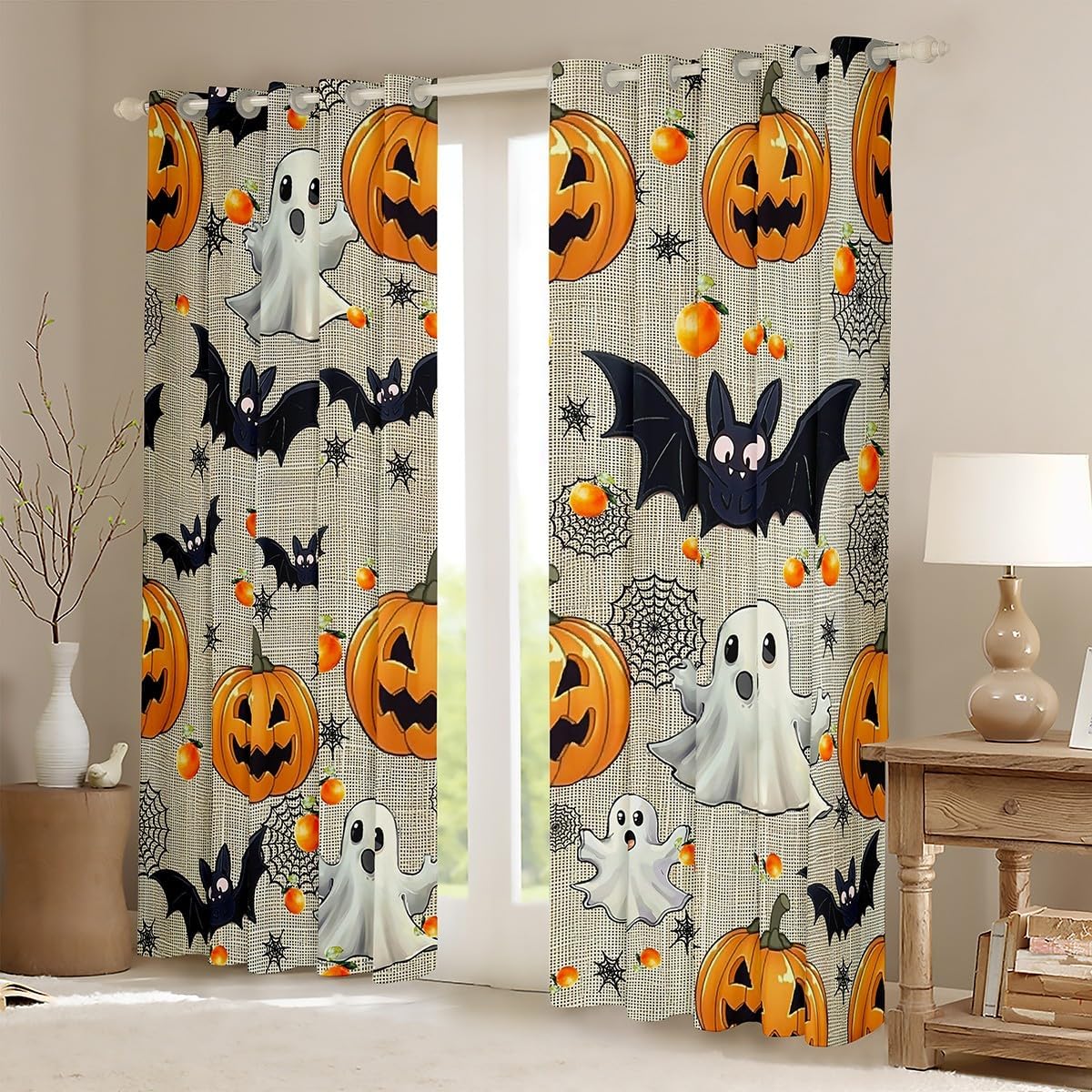 Manfei Happy Halloween Kids Window Curtains,Cartoon Ghost Bats Pumpkin Gothic Window Drapes for Girls Boys,Spider Web Western Trippy Retro Window Treatments Grommet Top 2 Panel Set,38Wx45L inch