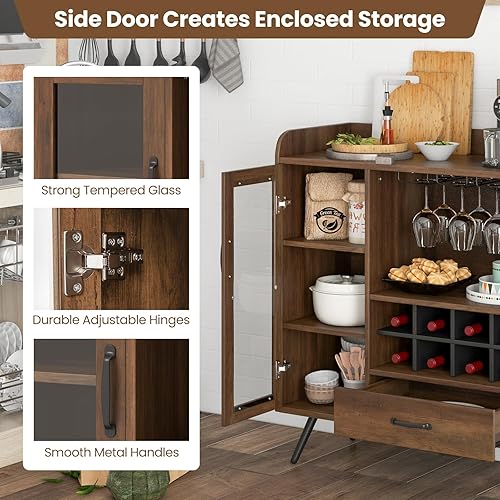 Miniatura 8 de COSTWAY Armario de almacenamiento de vino, gabinete de buffet de bar con soporte de 3 filas, estante de vino extraíble, puerta de vidrio templado y