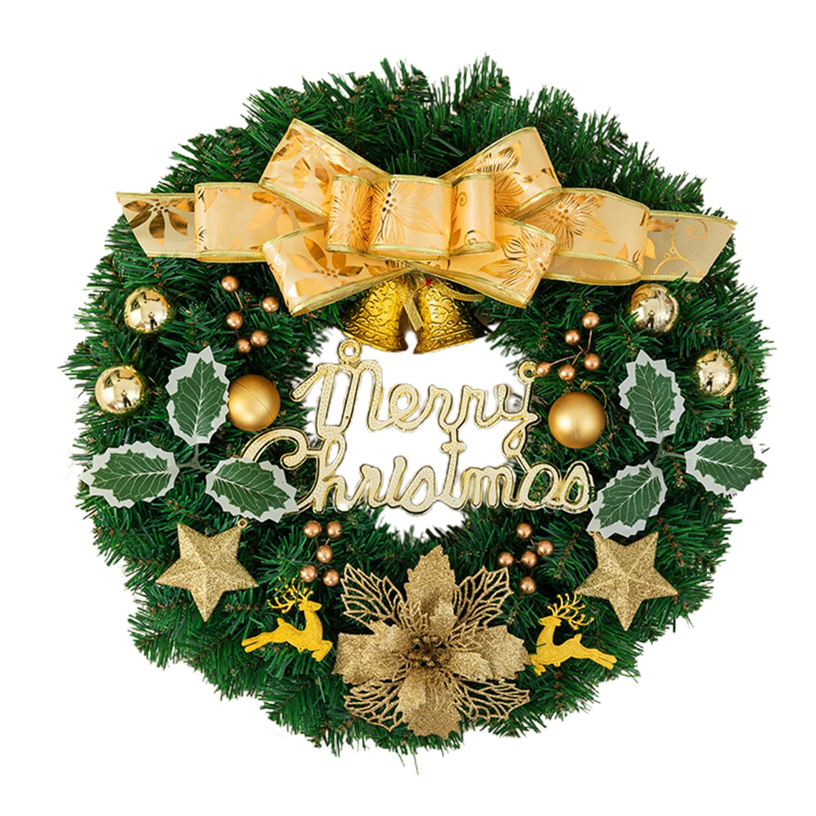 40cm Christmas Wreath with Lights Pre-lit Xmas Decorations Front Door Artificial Pine Garland for Door Table Window Wall Stairs with Bowknot Bells Balls Decor, Battery Operated (Gold, One Size)