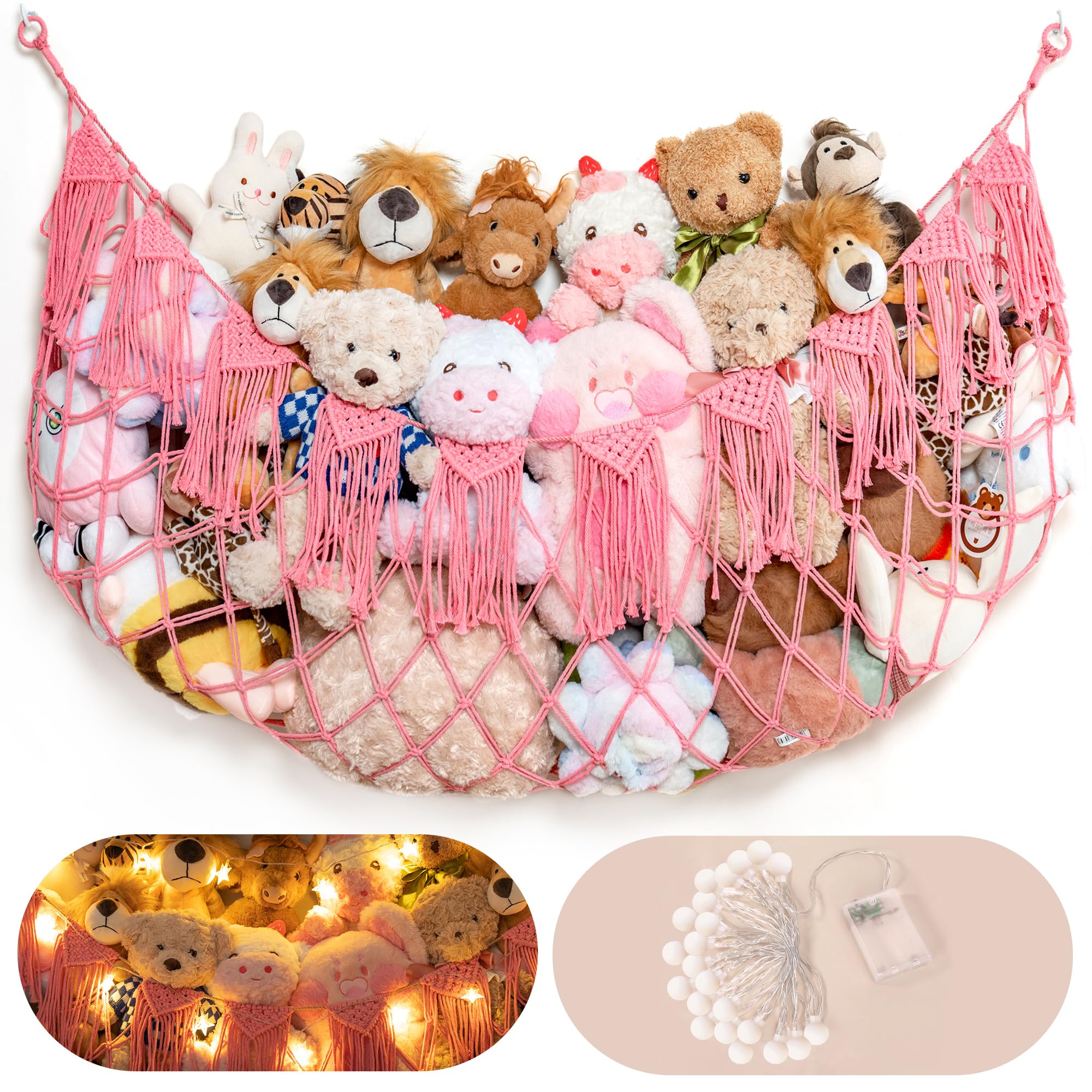 Stuffed Animal Storage Hammock or Net with Lights- Big Wall Hanging Stuff Animal Organizer Holder for Plush Plushie, Boho Macrame Toy Hammock for Girs