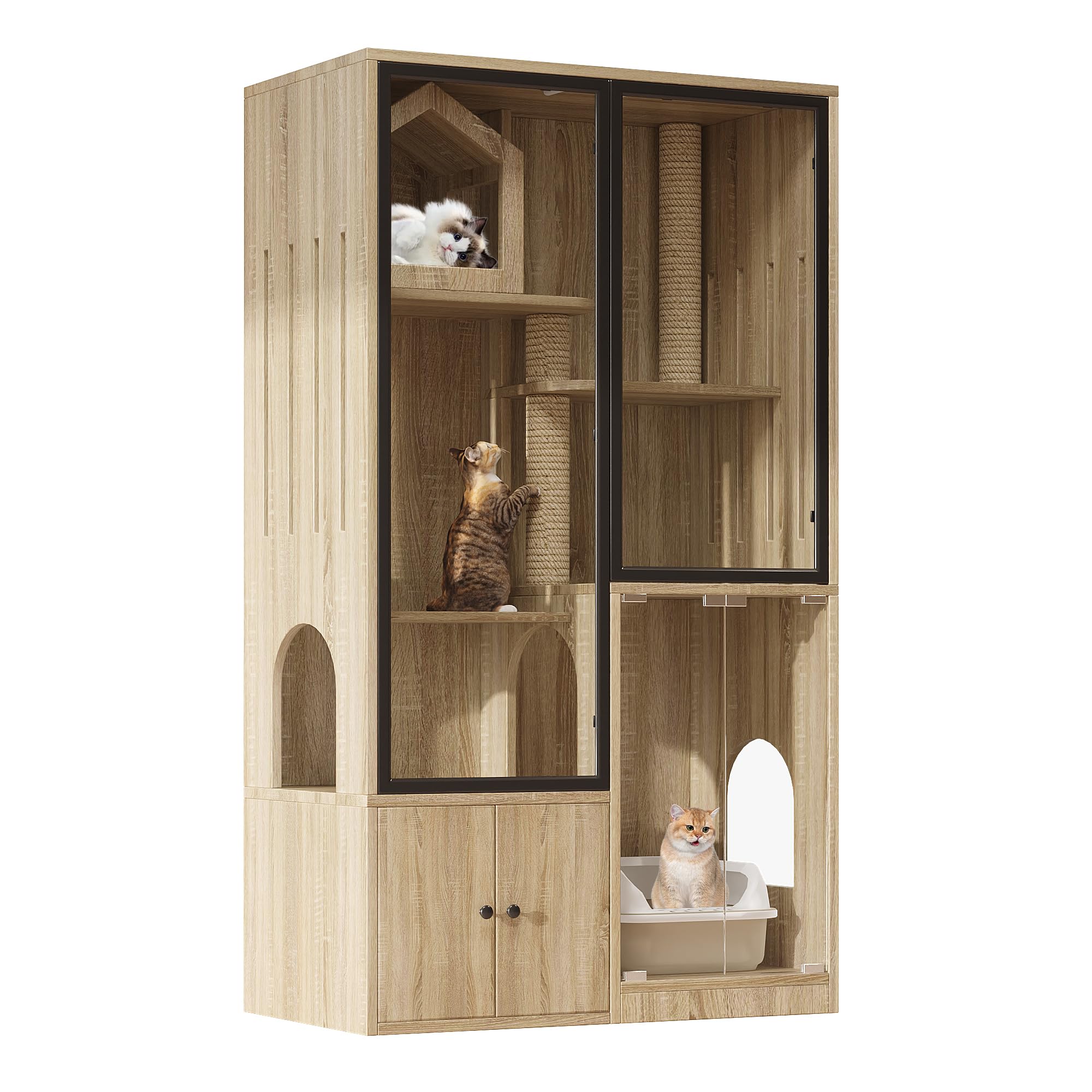 Grande gabbia per gatti 90x50x160 cm, villa per gatti a 4 piani con facciata in vetro, casa per gatti e casetta per piccoli animali resistente all'inverno, inclusa colonna per graffiare – per interni