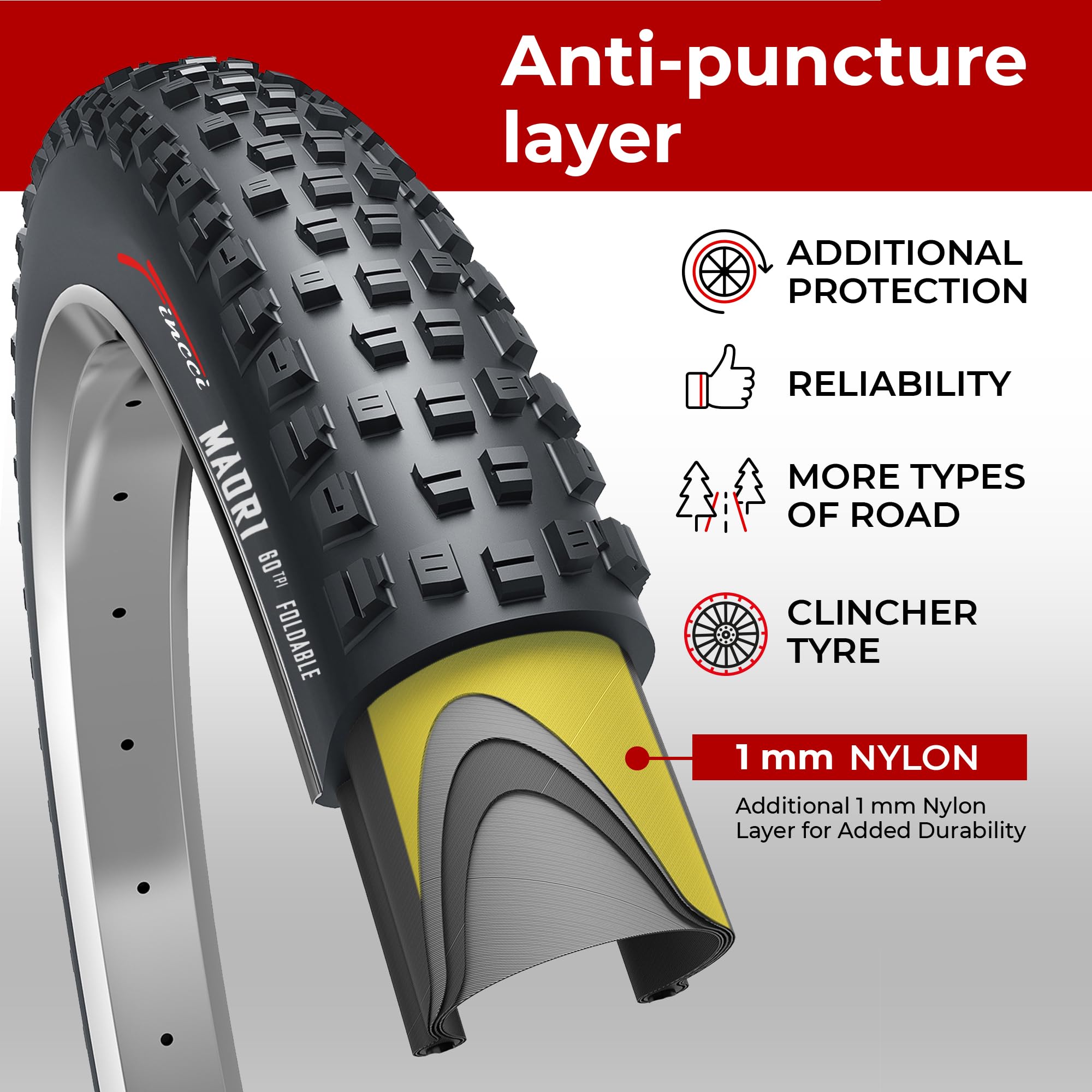 Pneumatico MTB Fincci MAORI 29x2.25 Pieghevole Con Protezione Nylon - Per All Mountain Ed Enduro