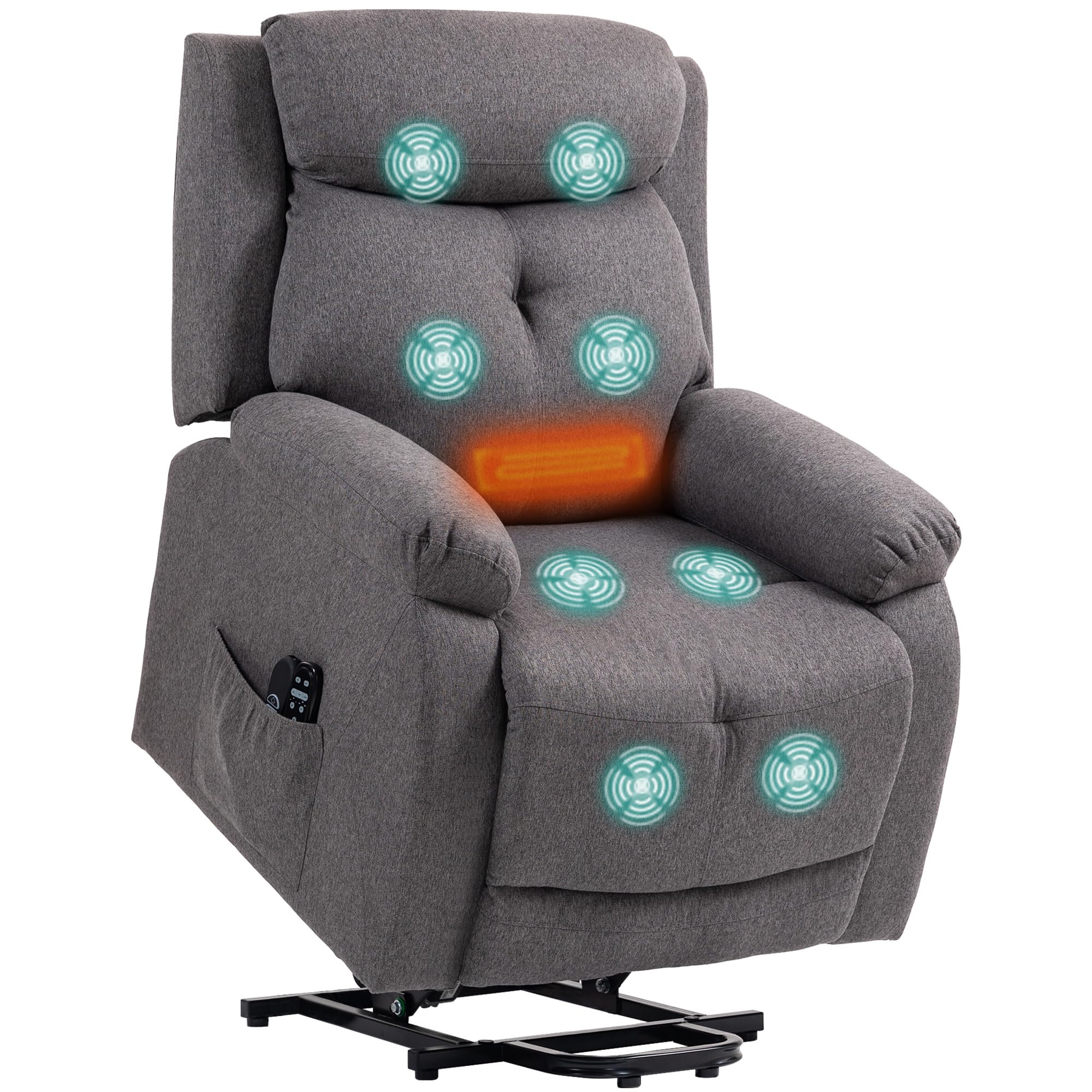 HOMCOM Fauteuil releveur électrique avec Fonction Massage et Chauffage, Fauteuil Relax électrique avec Dossier inclinable, Ports USB, télécommandes, Repose-Pied et Poche latérale, Tissu en Lin, Gris