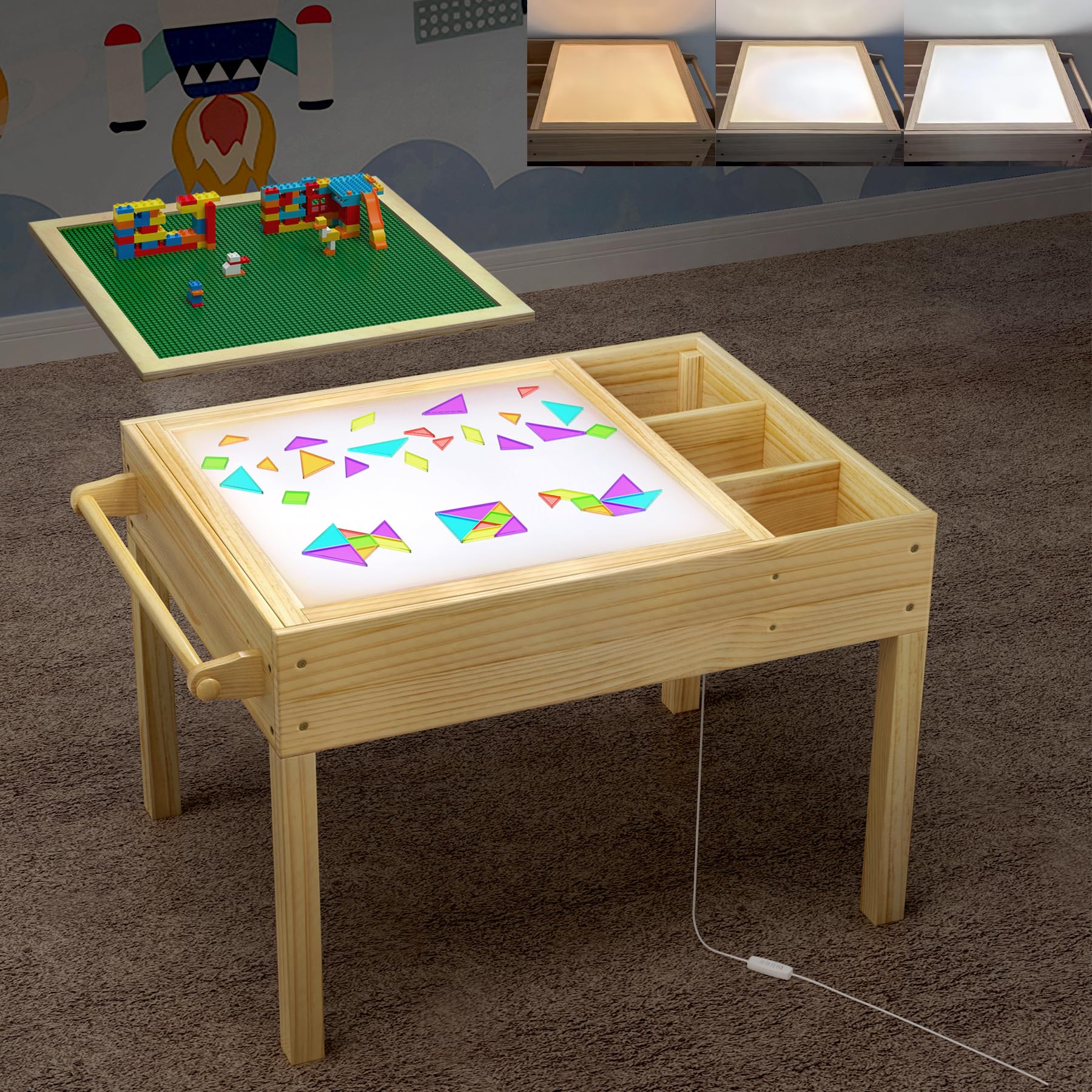 GDLF Light Table for Kids, 3-in-1 Kids Activity Table with Storage, LED Sensory, Building Brick & Art Station with Paper Roll Holder for Ages 3+