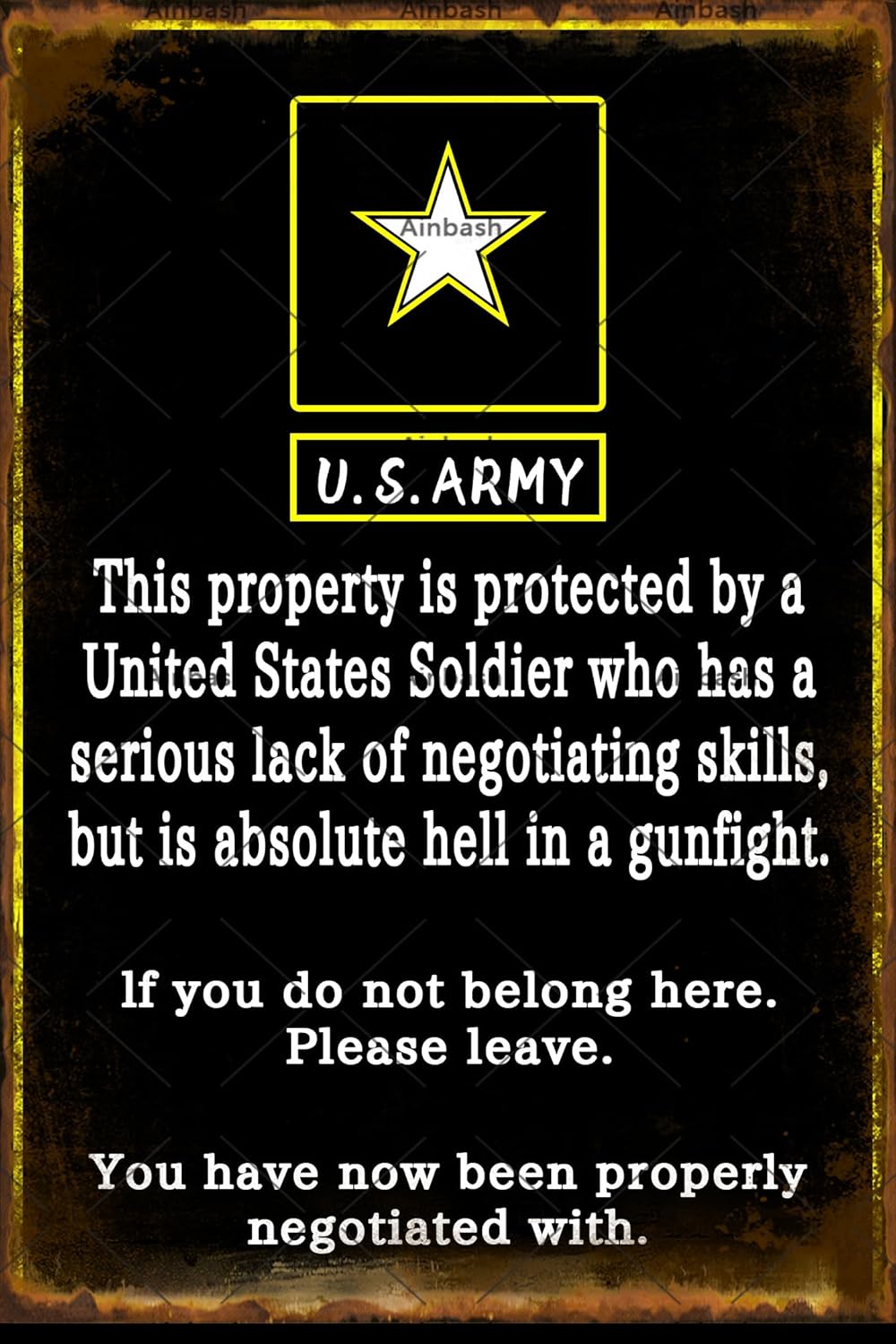 Letrero de metal vintage con texto en inglés Army Military Property Protected Soldier para decoración de pared para el hogar, sala de estar,