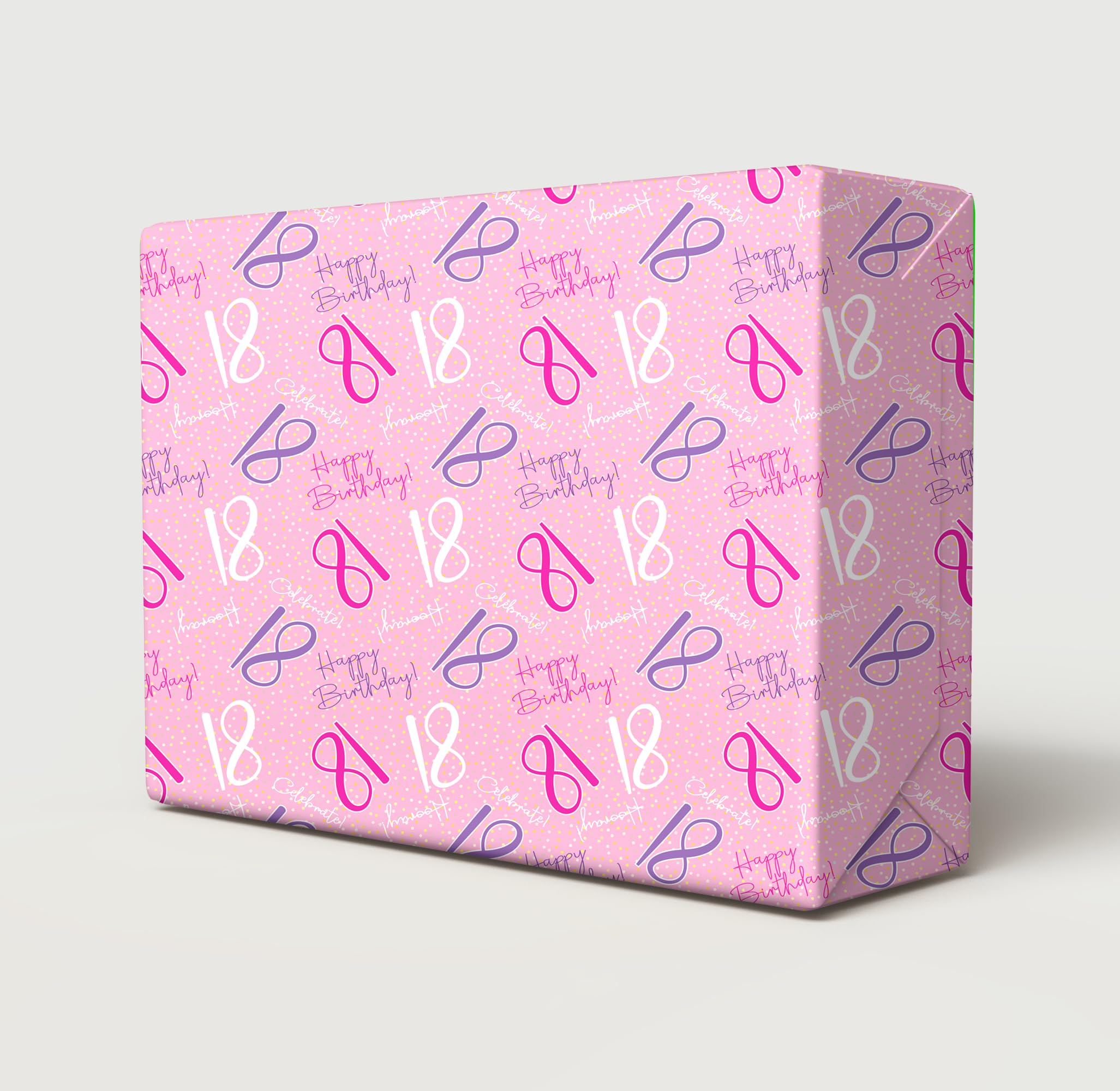 4 Sheets 4 Tags 18th Happy Birthday Celebrate Hooray Pink Female Wrapping Paper Age 18 Birthday Girl Giftwrap (PA)