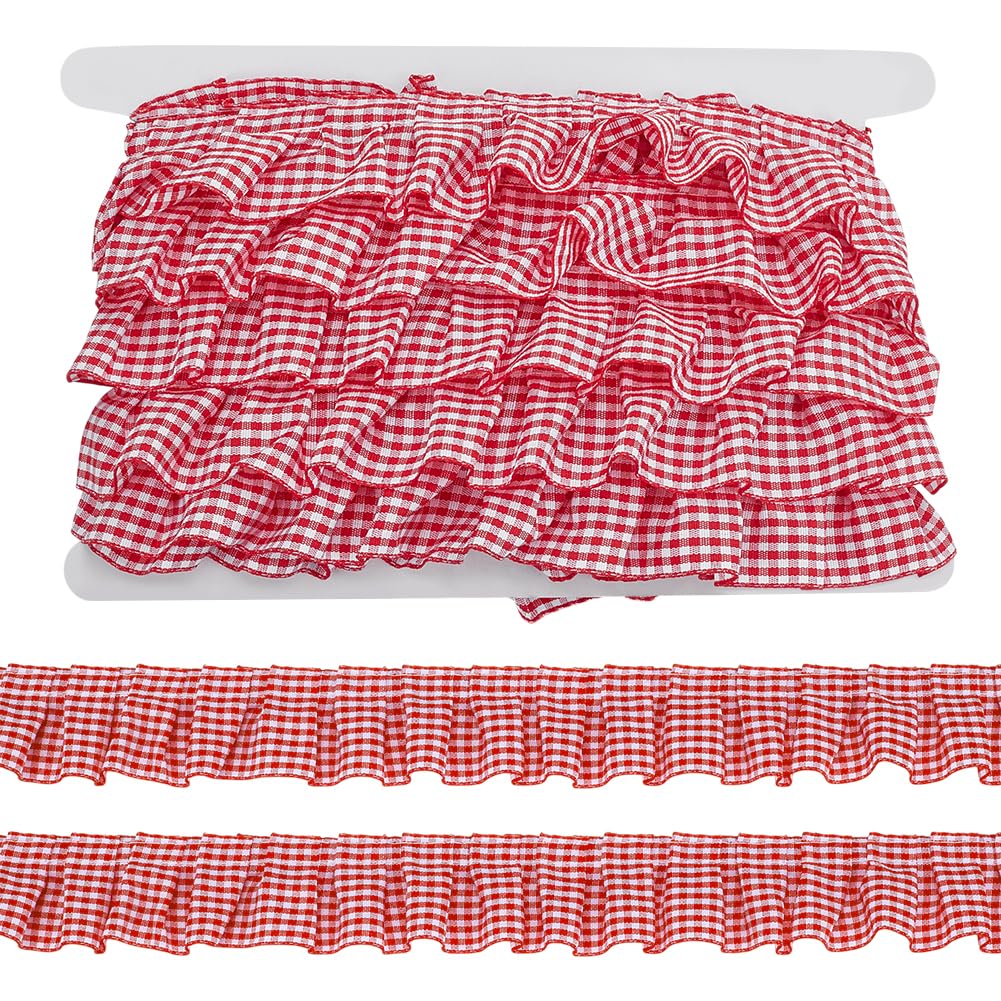 PH PandaHall 9,1 m di nastro di pizzo arricciato con volant a quadretti, colore rosso, 3,5 cm, stile vintage, per Natale, fai da te, cucito, vestiti, costumi, decorazioni per la casa