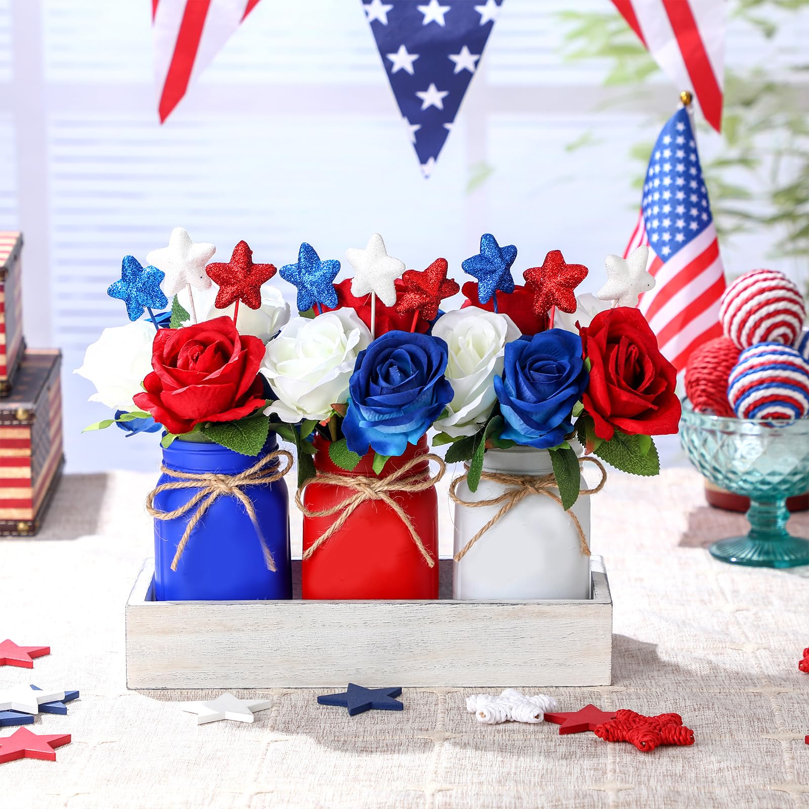 Nuogo 4th of July Mason Jar Centerpiece for Table Independence Day Farmhouse Mason Jar Decor Include 1 Decorative Wood Tray 3 Decorative Jars 15 Rose Flowers 9 Star Sticks for Home Decorations