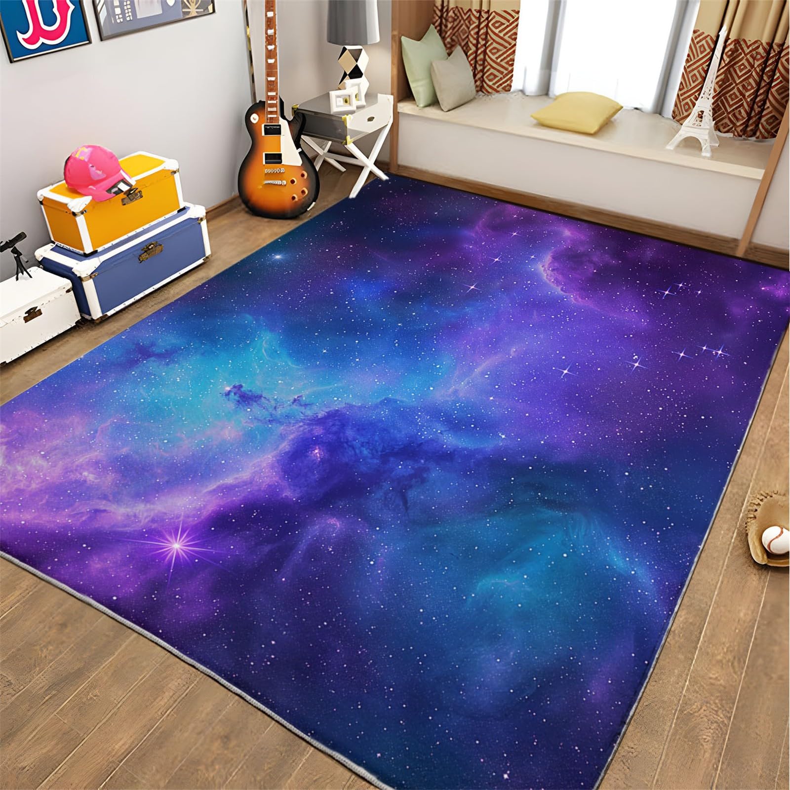 Rutschfester Teppich 120 x 170 cm, Traumgalaxie Nebel Kurzflor Läufer für Wohnzimmer, Lila Weicher Rechteckiger Teppich für Schlafzimmer, Waschbarer Teppichläufer Deko