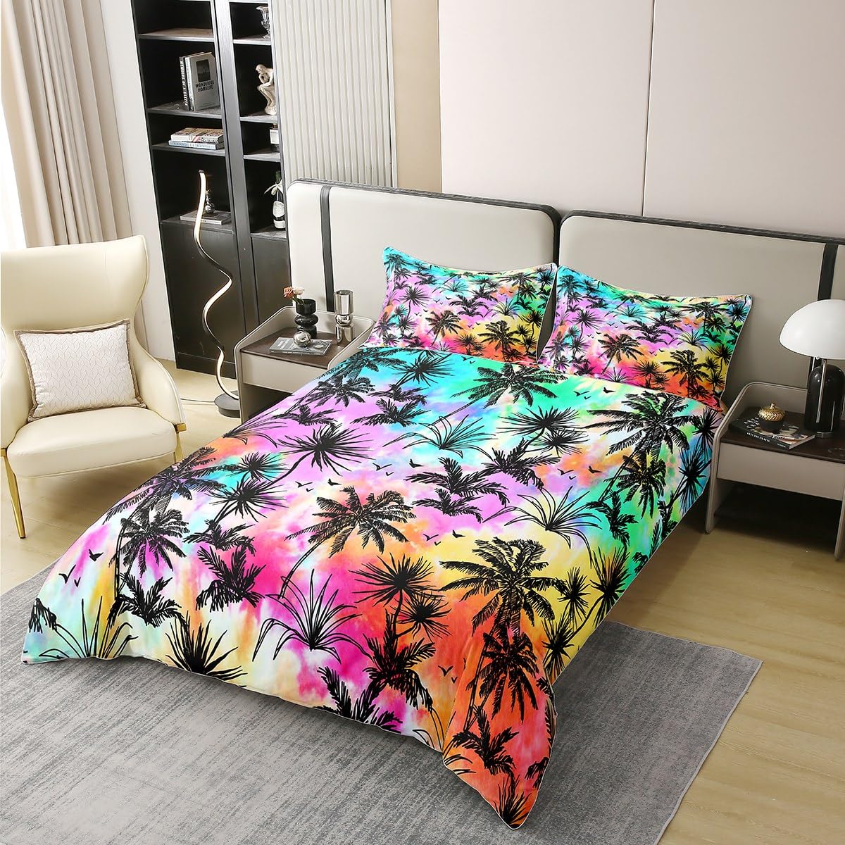 richhome 100% Cotton Coconut Tree Duvet Cover King Hawaii Tropical Palm Leaves Comforter Cover Watercolor Tie Dye Trees Bedding Set for Boys Girls Bedroom
