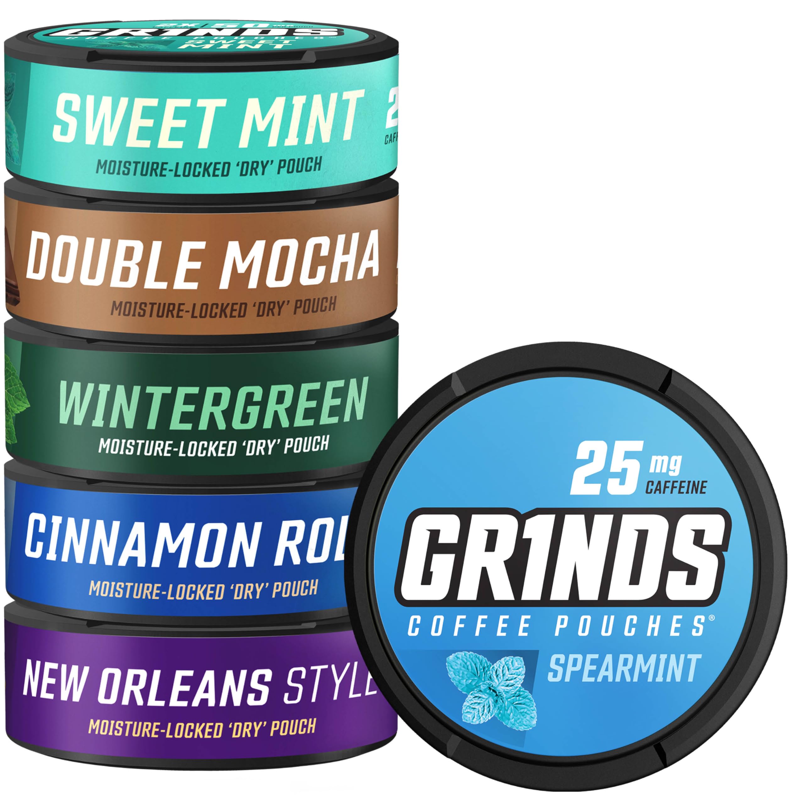 GRINDS Coffee Pouches | New 6 Can Sampler | Wintergreen, Spearmint, Cinnamon Roll | 2X Caffeine: Mocha, Sweet Mint, New Orleans | Tobacco & Nicotine Free