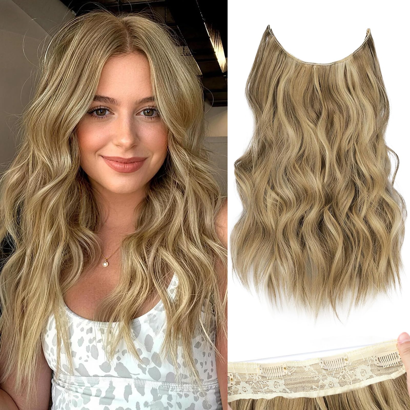 KooKaStyle Invisible Wire Hair Extensions with Transparent Headband Adjustable Size 4 Secure Clips Long Wavy Secret Wire Hairpiece for Women(16 Inch