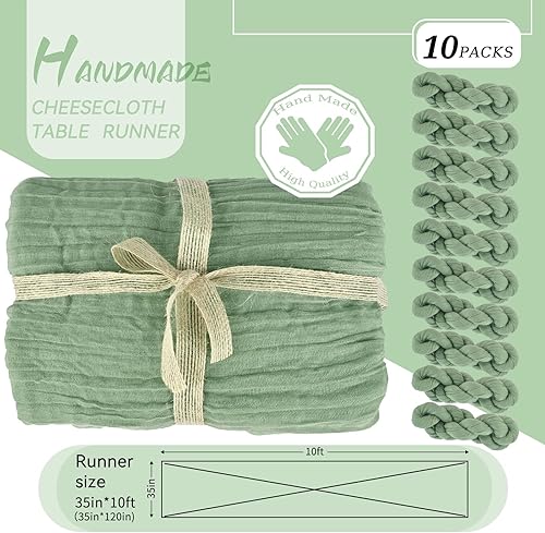 Miniatura 2 de Lykoow Paquete de 10 caminos de mesa de gasa verde salvia, 10 pies x 35 pulgadas, decoración de camino de mesa de boda, decoración de mesa de boda,