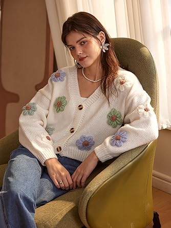 CIDER Women's Floral Cropped Cardigan Cute Flower V Neck Button