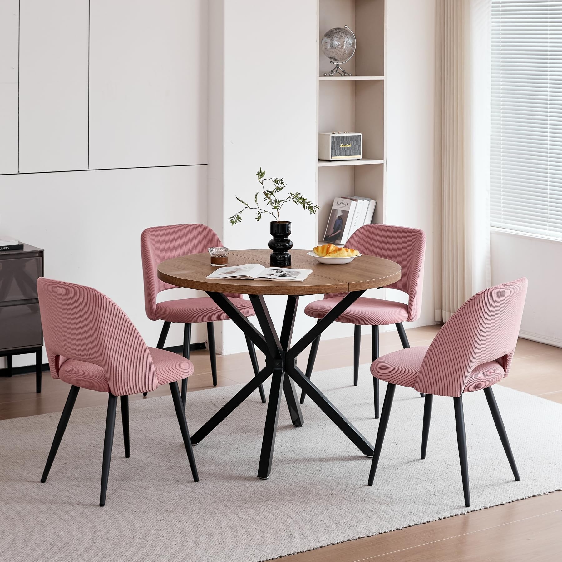 Esstisch und Stuhlset, Runder Esstisch mit 4 stühlen aus Cord,Durchbrochener Gepolsterte Küchenstühle,100cm Runder Esstisch,Küchentisch mit Stühlen,für Esszimmer,Küche(Dunkel + Rosa)