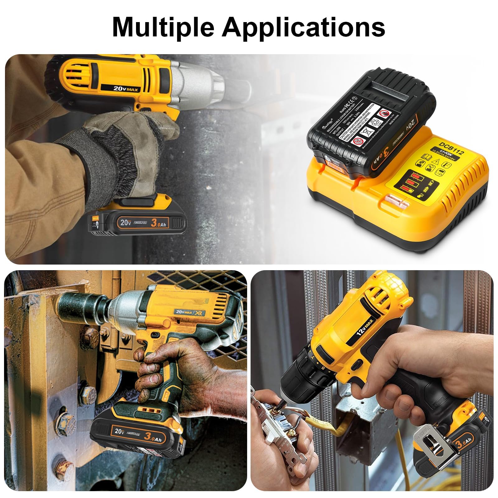 Paquete de 2 baterías de repuesto de 3.0 Ah para batería DeWalt de 20 V con estación de carga de batería DCB112 para DCB200 DCB120
