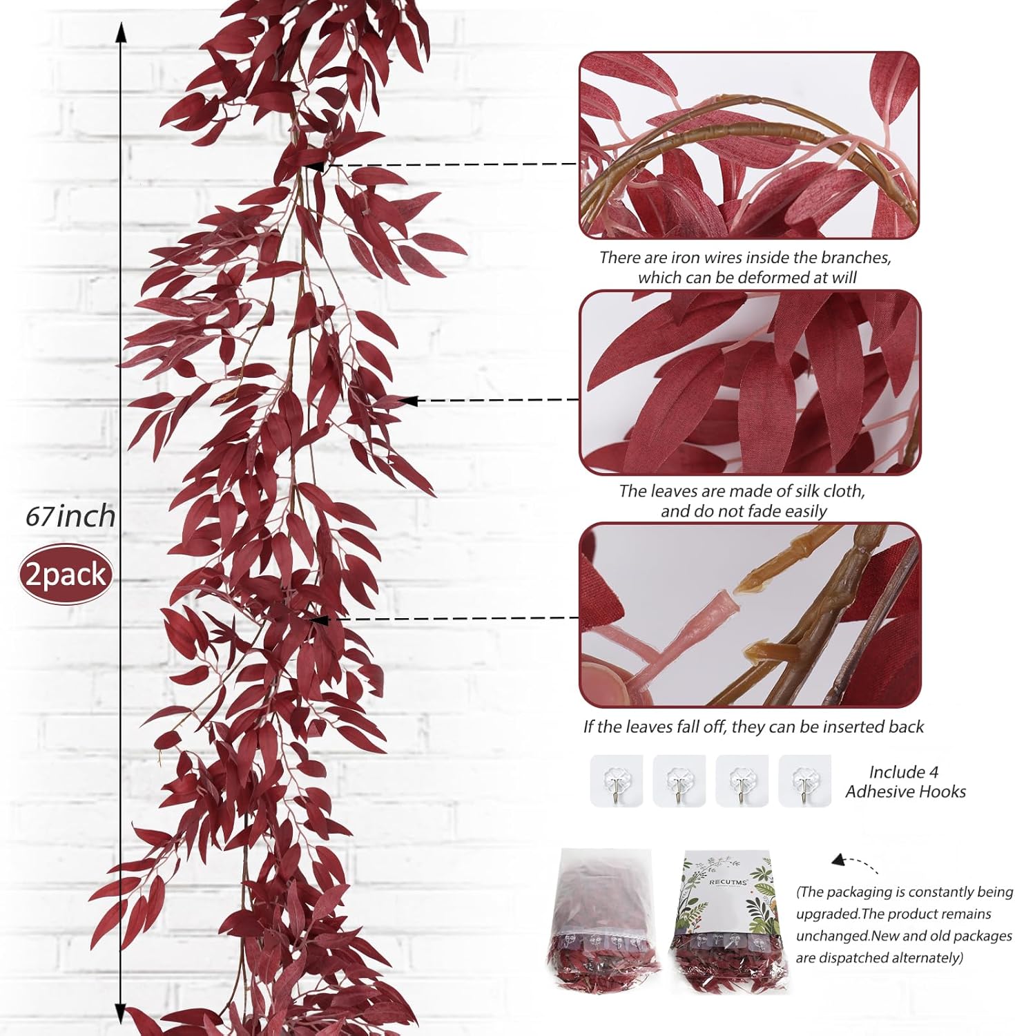 RECUTMS Artificial Hanging Willow Leaves Vine Twigs 2Pcs 5.7Ft Fake Silk Burgundy Leaf Ivy Fall Garland Faux Greenery Indoor Outdoor Valentines Day Wedding Birthday Christmas Thanksgiving Party Decor - Image 3