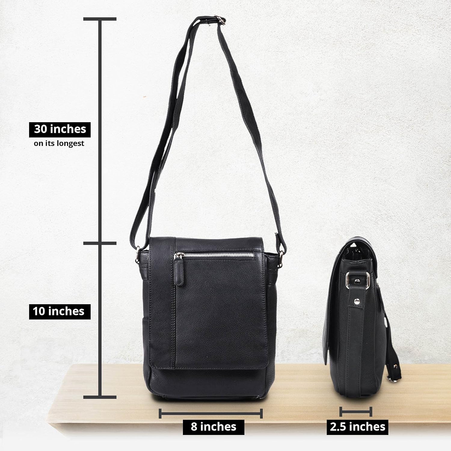 VALENCHI- Genuine Leather Medium Size Crossbody Shoulder bag for Men & Women. (Black Smooth) - Image 4