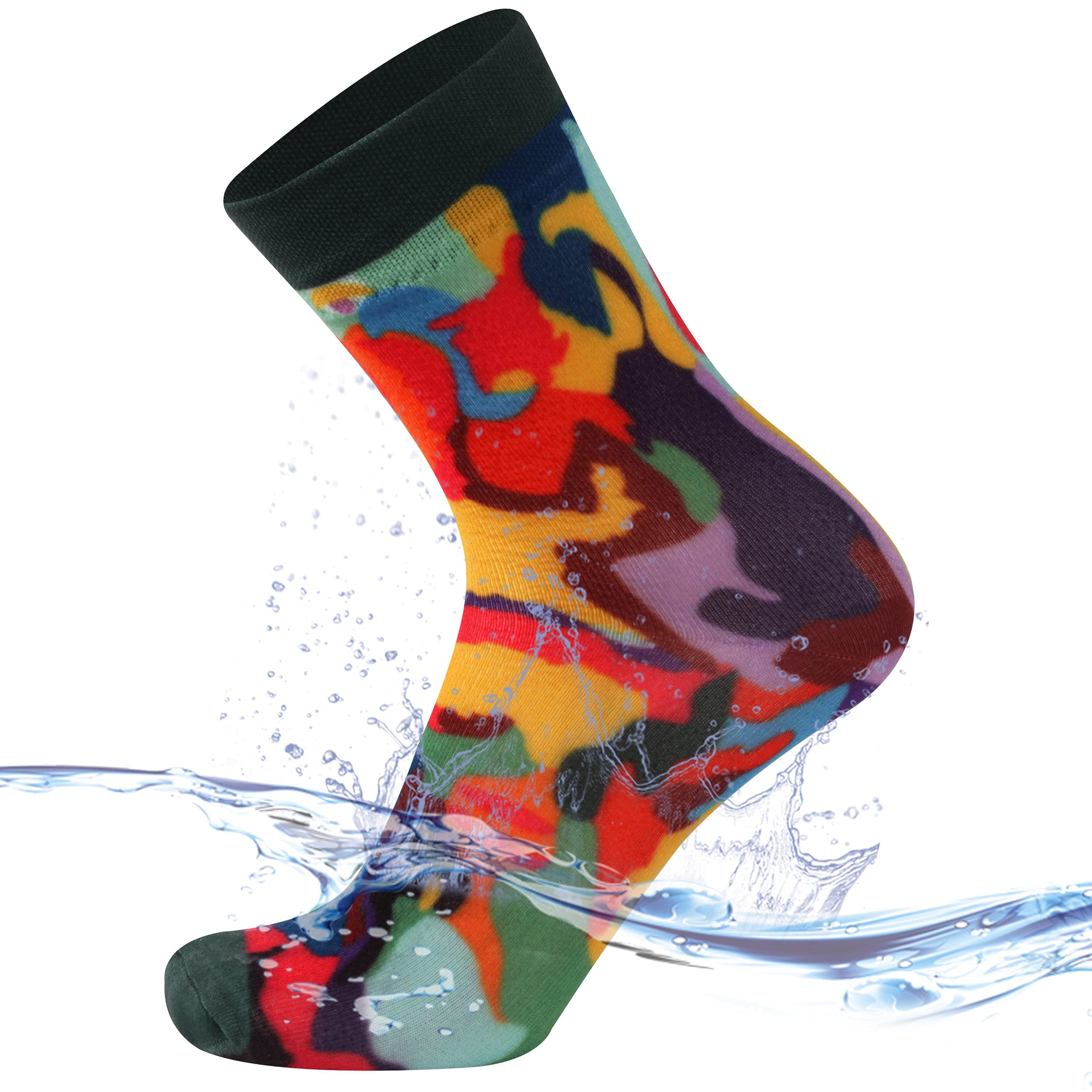 SuMade 100% Waterproof Socks, Men Women Summer Ultrathin Dry Feet Novelty Sports Socks Outdoor Fun Pattern Water Resistant Breathable Hiking Kayaking Cycling Golf Crew Socks (Multicolored, Large)