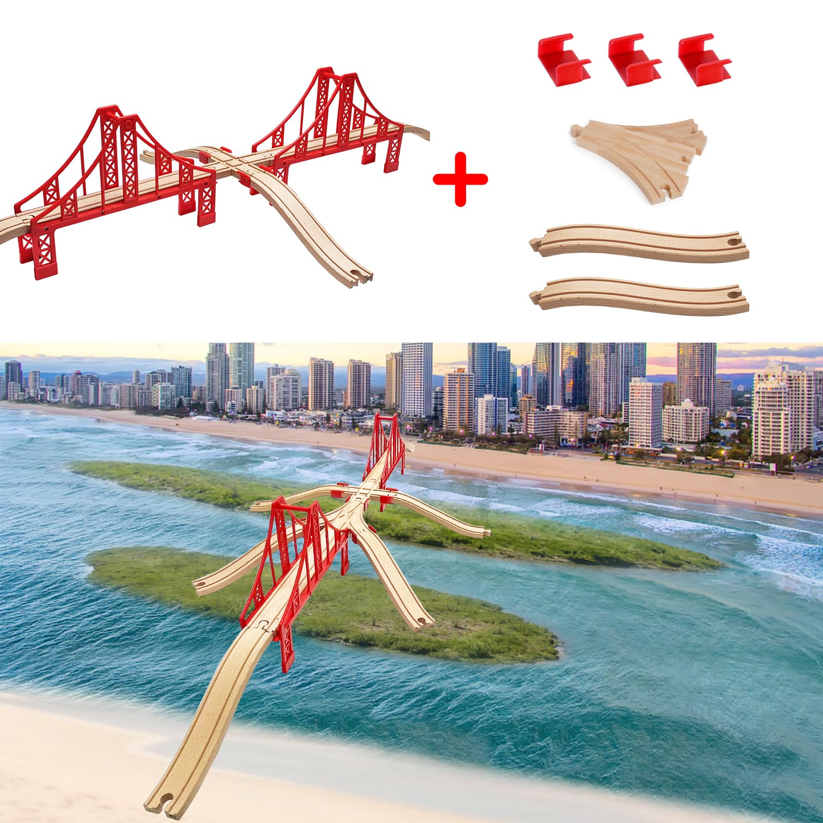 Juego de accesorios de madera para vías de tren, juego de puentes colgantes rojos grandes, compatible con todas las principales marcas, regalo de cumpleaños de Navidad para niños y niñas, paquete de