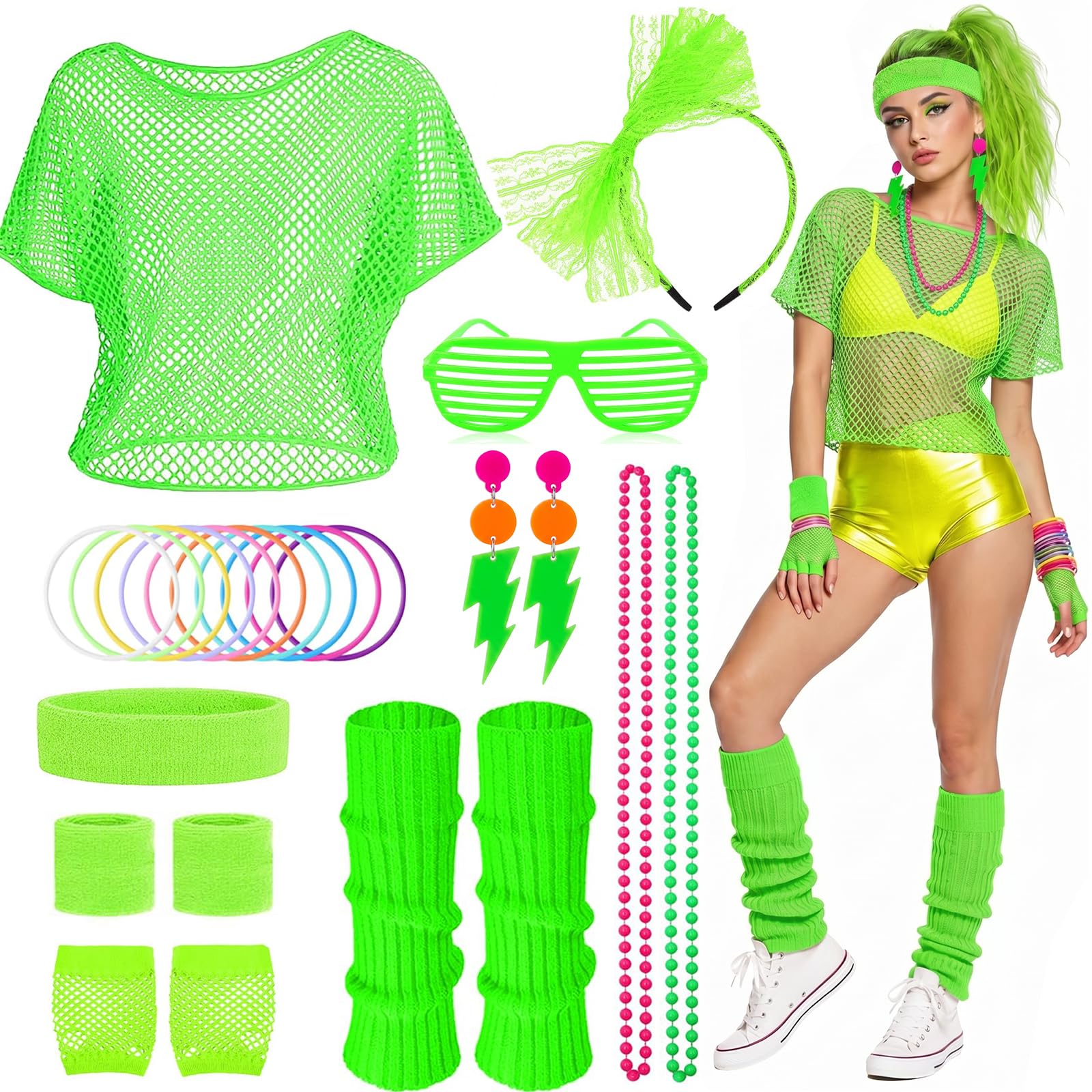 80s Fancy Dress for Women, 1980s Neon Costume Accessories Set with Fishnet Top Leg Warmers Shutter Glasses Headband Gloves Necklace Earrings Bracelets for Retro 80s Party Workout Outfit (Green)