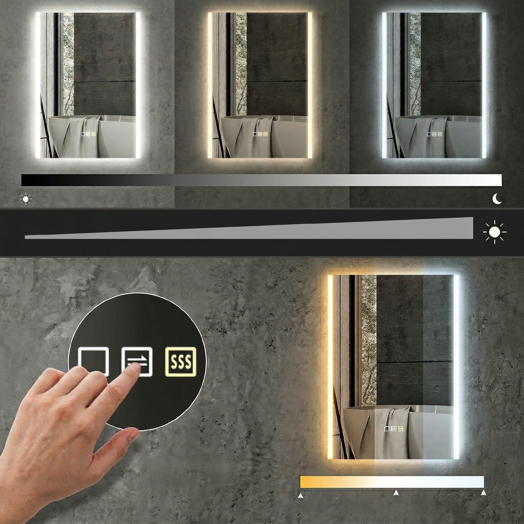HOMCOM Specchio Bagno con Luce LED a 3 Colori 70x50 cm Antiappannamento | Specchio da Parete, Vetro Temperato Reversibile, Luminosità Regolabile, Funzione Memoria, Interruttori Touch, IP44