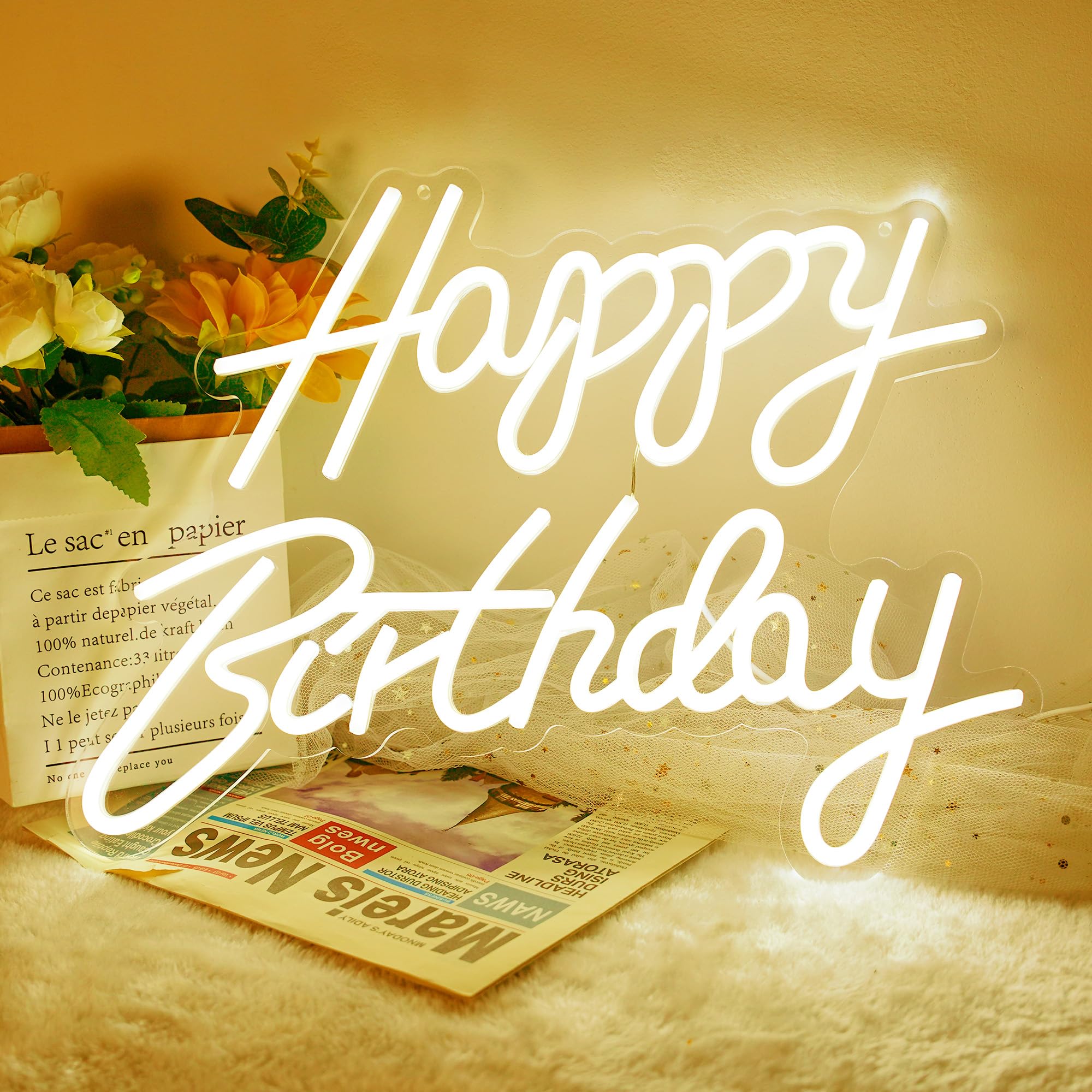 JEMESI Happy Birthday Neon Sign Luce al neon LED bianca calda Decorazione da parete per la casa Camera da letto Bar Club Decorazione per feste di compleanno con USB Power Regalo di compleanno