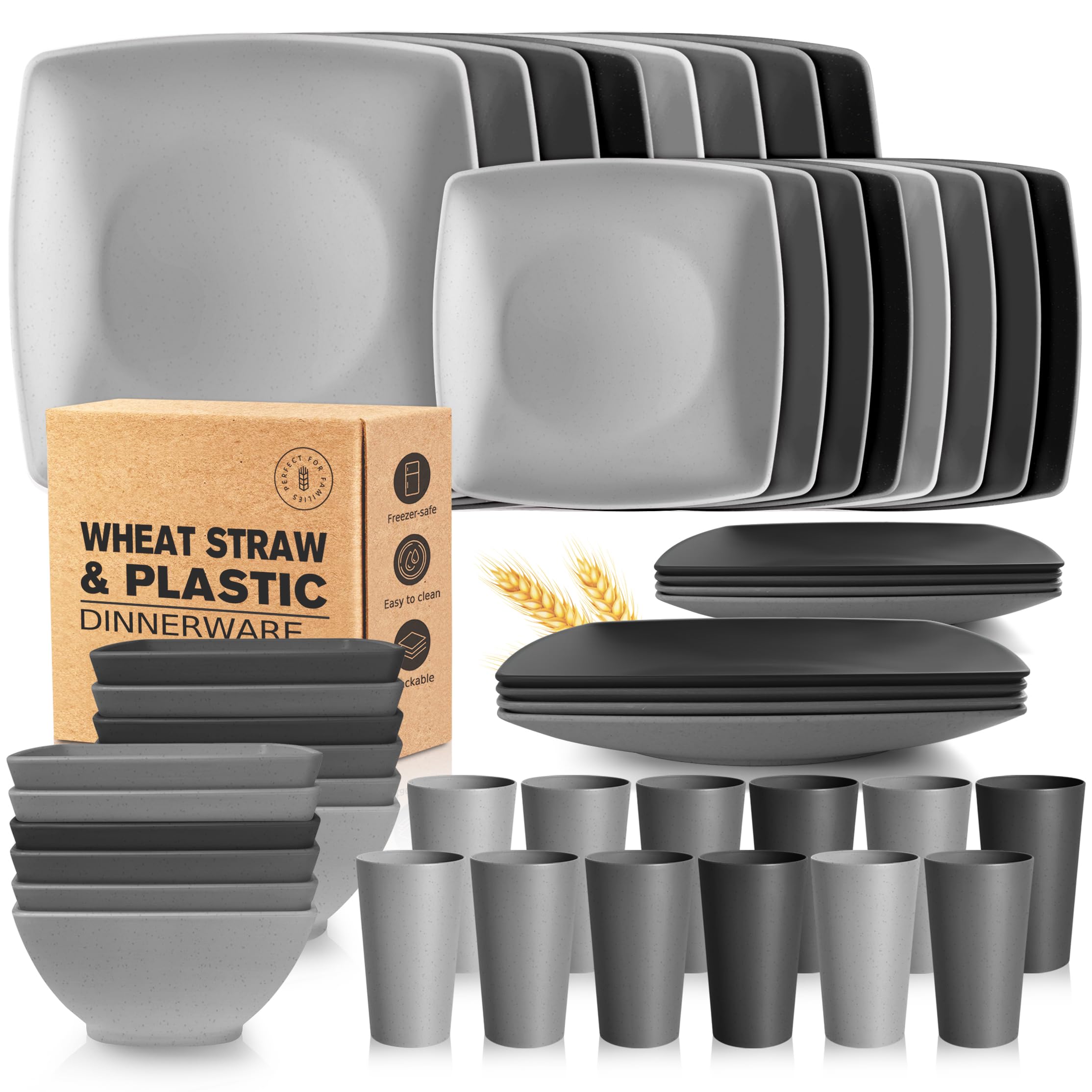 Teivio 48-piece Wheat Straw Square Dinnerware Set for 12, Unbreakable  Dinner Plates, Salad Plates, Snack Bowls, Tumblers oz, Dishwasher Safe