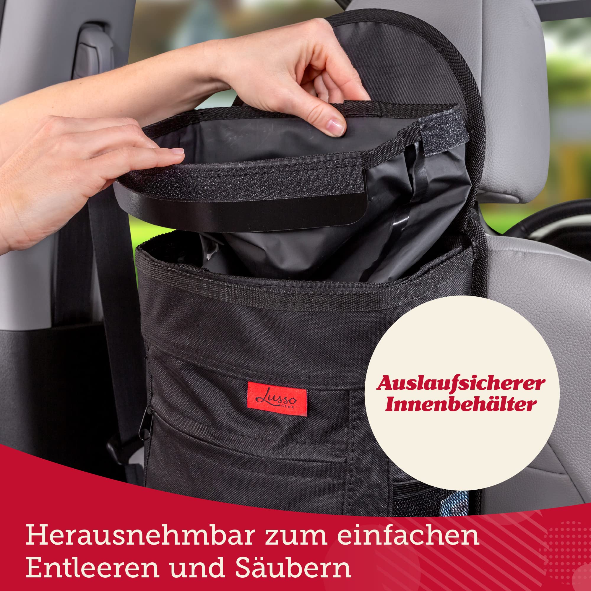 Lusso Gear Auslaufsicherer Automülleimer | 9,5 Liter Mülleimer Auto zum Aufhängen - Herausnehmbarer Innenbehälter - Aufbewahrungsfächer | Hält Auto LKW Minivan & SUV Sauber und Geruchsfrei (Schwarz)