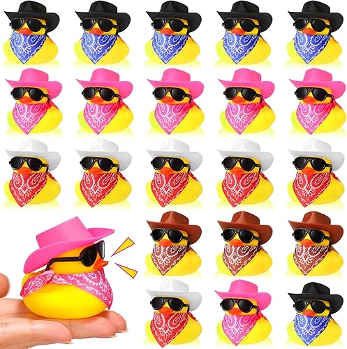 Miniatura 1 de Juego de 24 patos de goma para fiesta de baño, patos amarillos, juguete para bañera de patos pequeños con sombrero de vaquero, pañuelos de