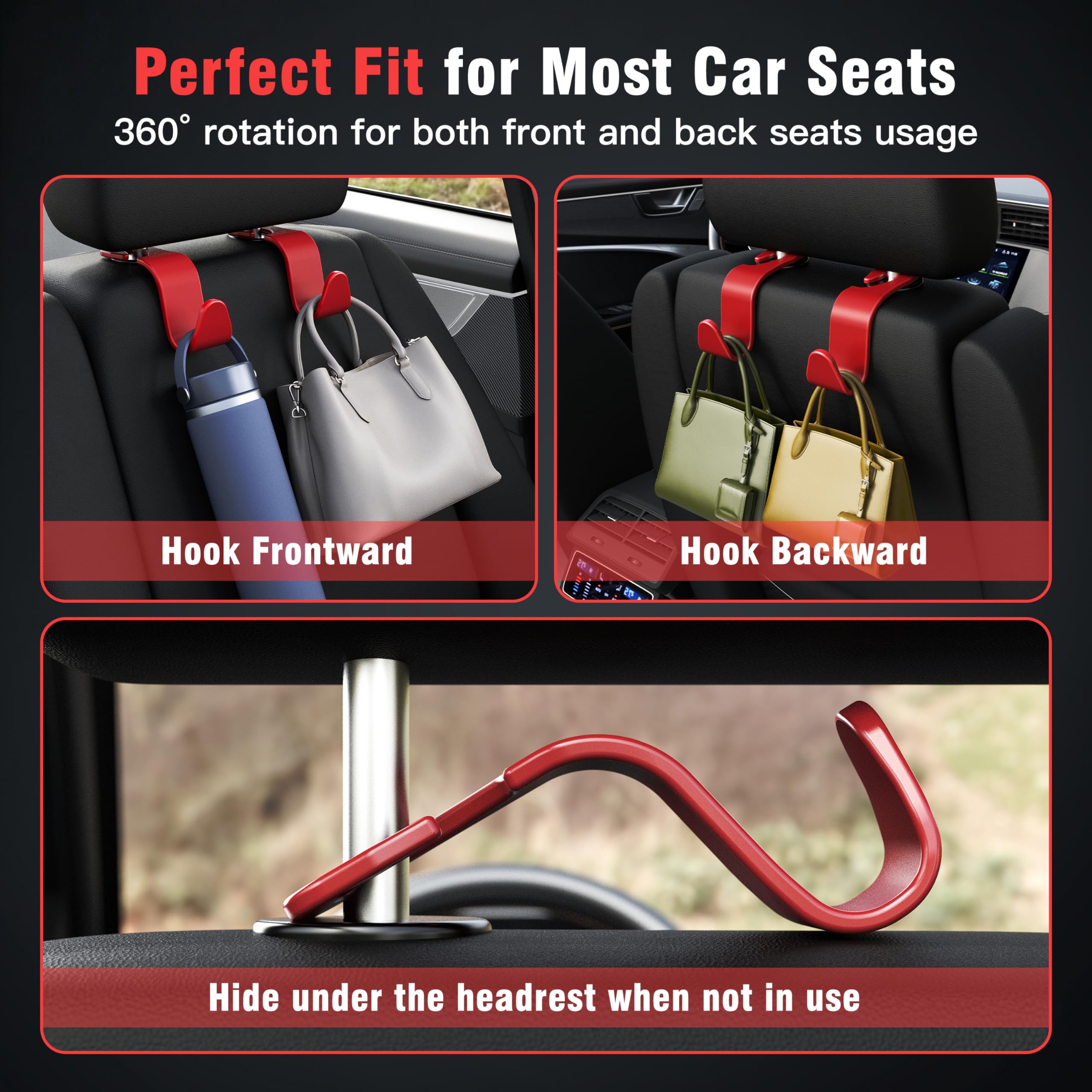 4-Pack Car Headrest Hooks Holds 55lbs Seat Storage Organizer for Bags view 4