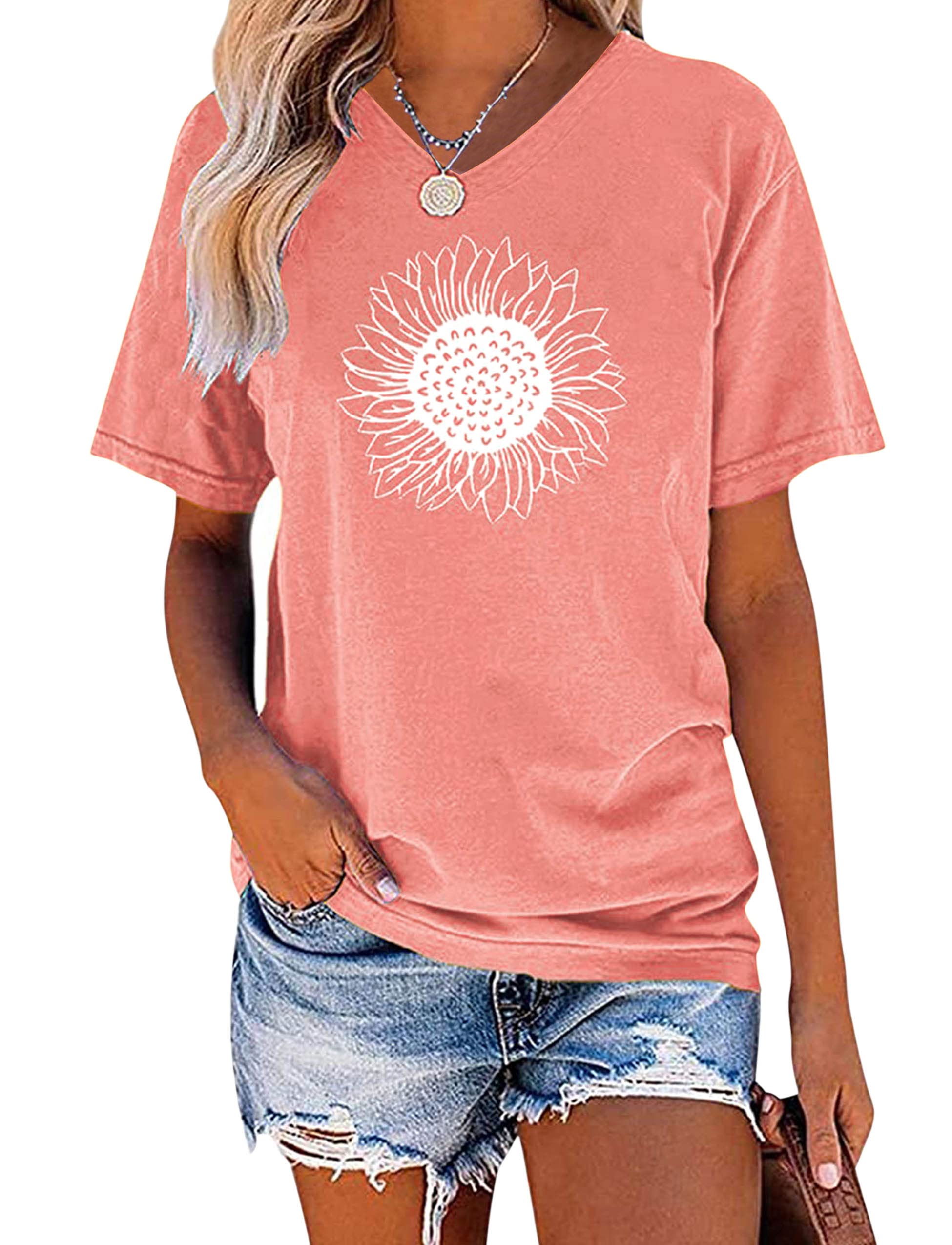 EADINVEWomen's Summer Short Sleeve Cute Sunflower Graphic Printed Tee Vintage T Shirt Cotton Tops Novelty Cool ShirtsOEKO-TEX STANDARD 100