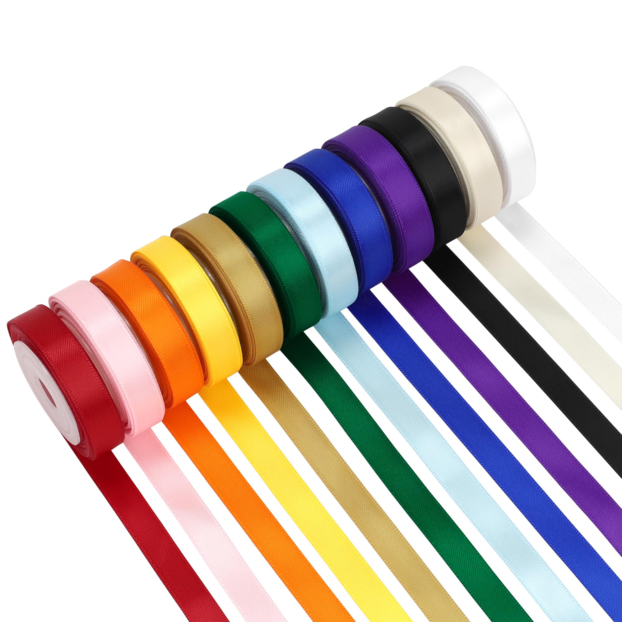 Rainbow Satin Ribbon Set – 12 Colors Polyester Satin Ribbon, 10mm x 5M Each