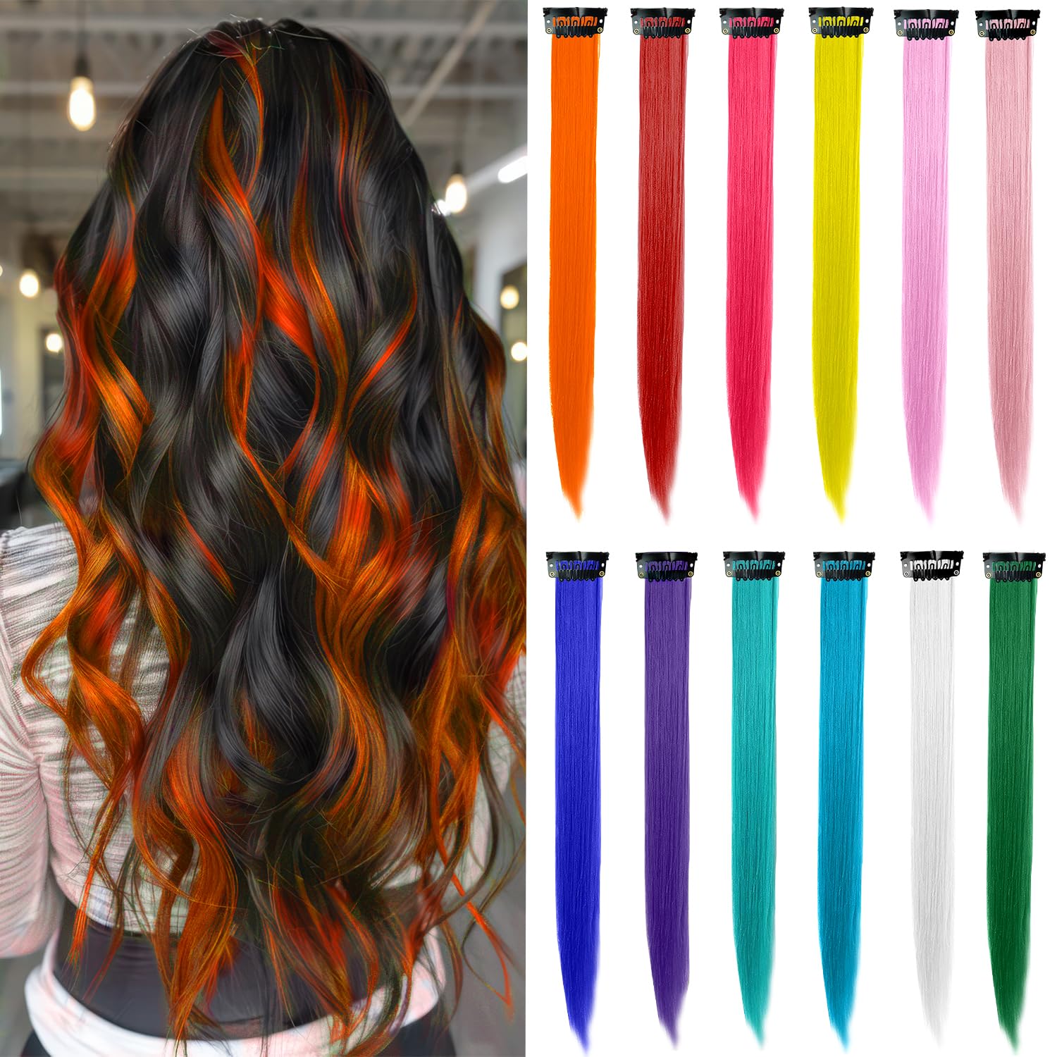 12 Pcs 22-Inch Colored Clip-In Hair Extensions, Vibrant Synthetic Hair Accessories for Kids and Women, 12Pcs (Colored)