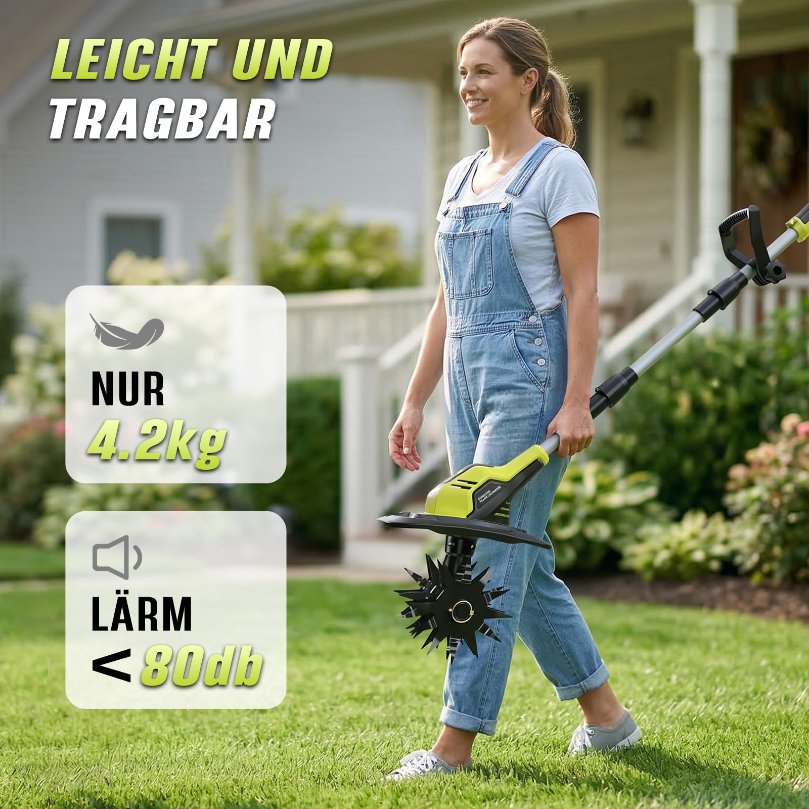 Akku Bodenhacke,Akku Gartenfräse,mit 2 x 4,0 Ah Akkus und Ladegerät,21V Elektro Motorhacke,18 cm Arbeitstiefe, 23cm Arbeitsbreite,48 Hackmesser für Beet, Acker & Landwirtschaft