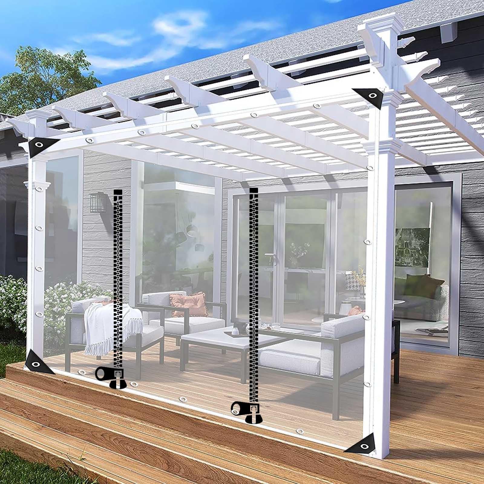 Pxzybd W×H Waterproof Pvc Plastic Tarpaulin With Grommets,Outdoor Clear Tarp Curtains,Pergola Gazebo Patio Porch Carport Waterproof Transparent Tarpaulin Side Panels,With Zip Door,-1.3×2.2M(4.3*7.2Ft)