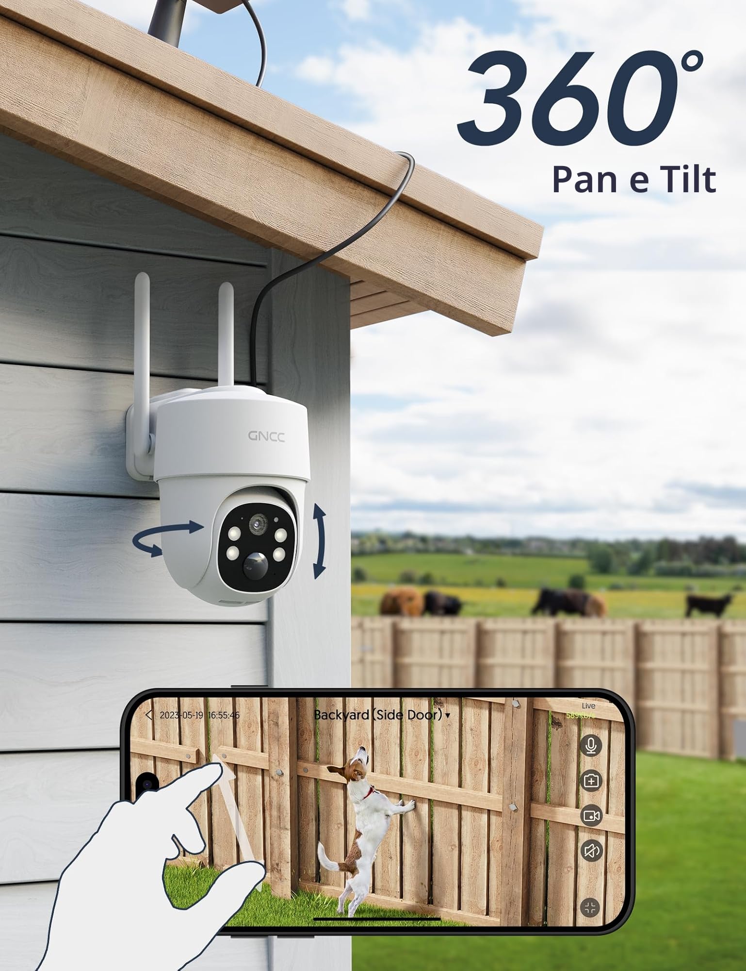 GNCC 4G Telecamera Esterno con SIM e pannello solare, 2K Telecamere Senza Fili con 8400mAh Batterie e SD Card, Rilevamento del Movimento, Audio Bidirezionale, Visione Notturna a Colori, IP66, 355°/90°