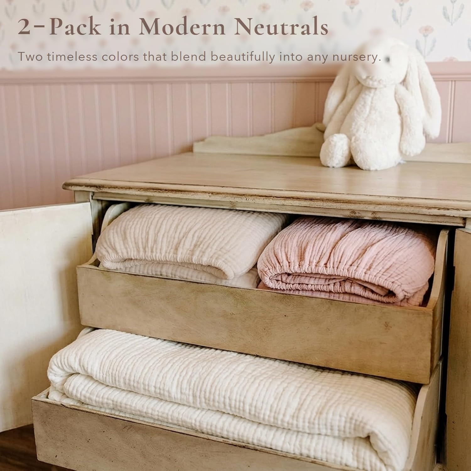 Konssy Muslin Crib Sheets for Girl Boy, 2 PCS Soft and Breathable Cotton Baby Sheets for Standard Crib Mattress, 52"x 28" (Pink, Cream)