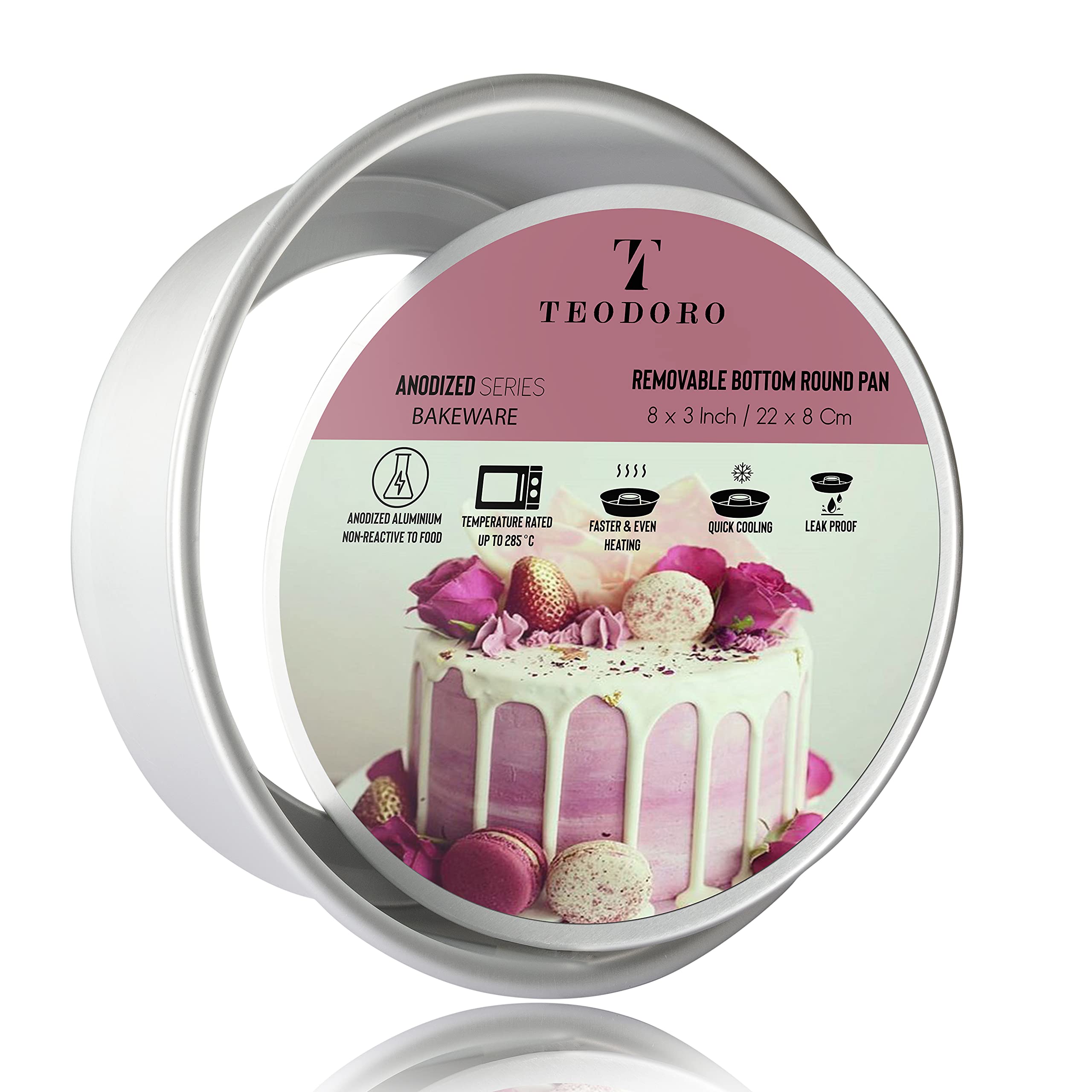 TEODORO Anodized Aluminum Baking Deep Round Cake Pan/Mould/Tin with Removable/Detachable/Loose Bottom/Base for Oven/Cooker 8 inches Size, 1kg Cake pan – Silver