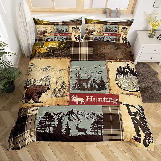 Wildlife Bear Moose Comforter Cover, Rustic Animal Printed Bedding Set