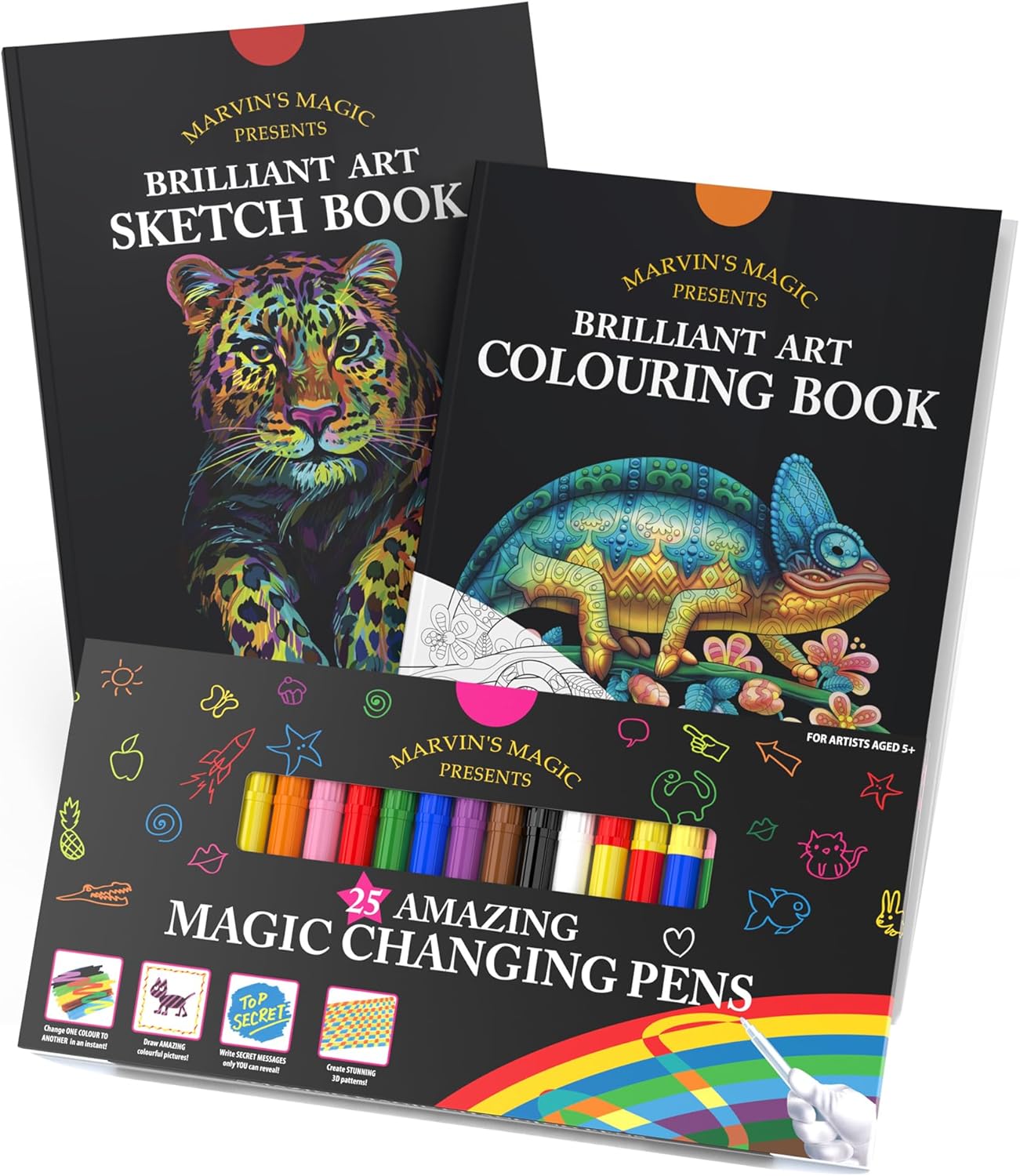 Marvin's Magic - Amazing Art Bundle Including Brilliant Art Sketch Book, Coloring Book, and 25 Magic Pens - A Complete Set for Creative Art & Magic - Perfect for Kids and Little Artists