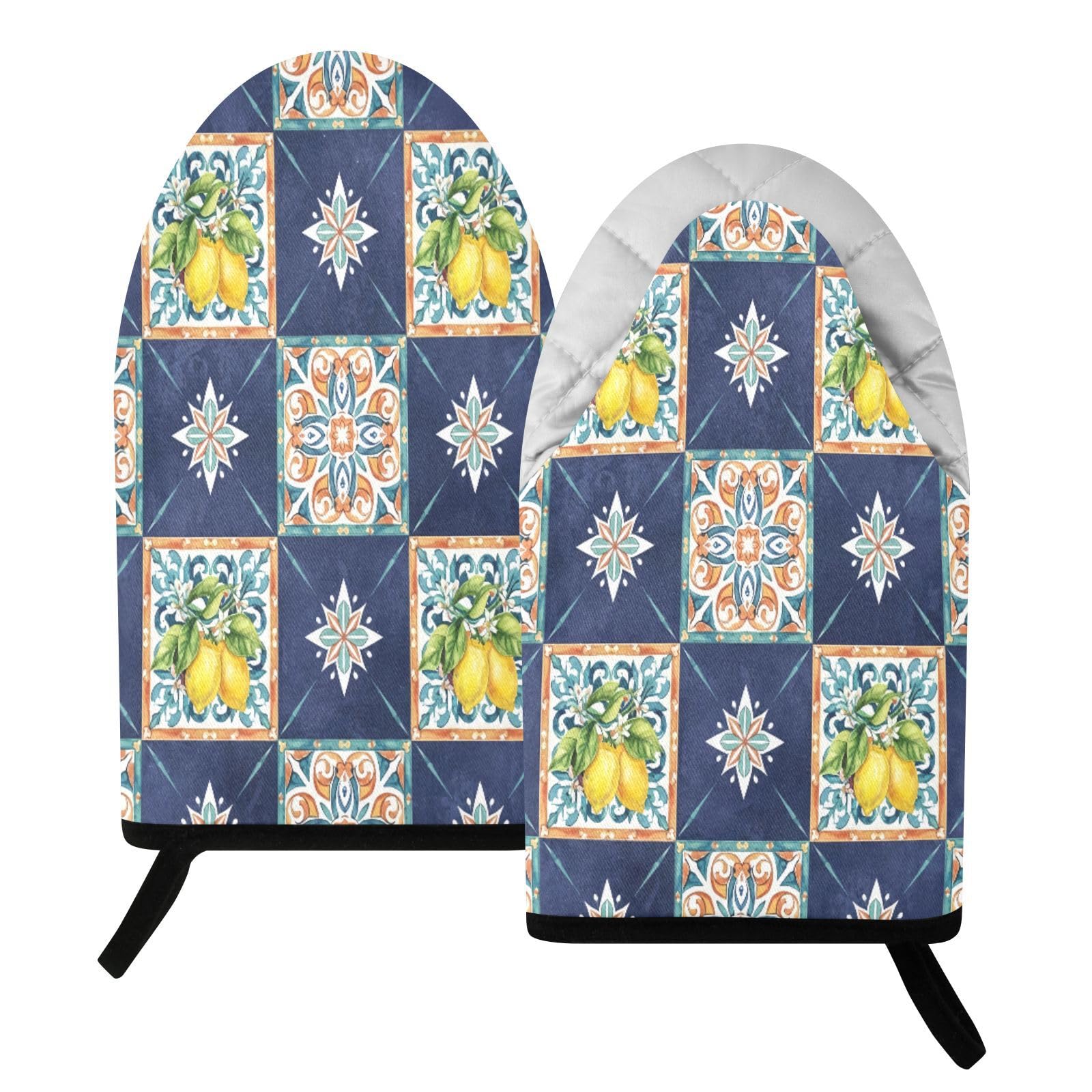BURSTDDY Tile Lemon Oven Mitt,Heat Resistant Kitchen Mitts for Cooking