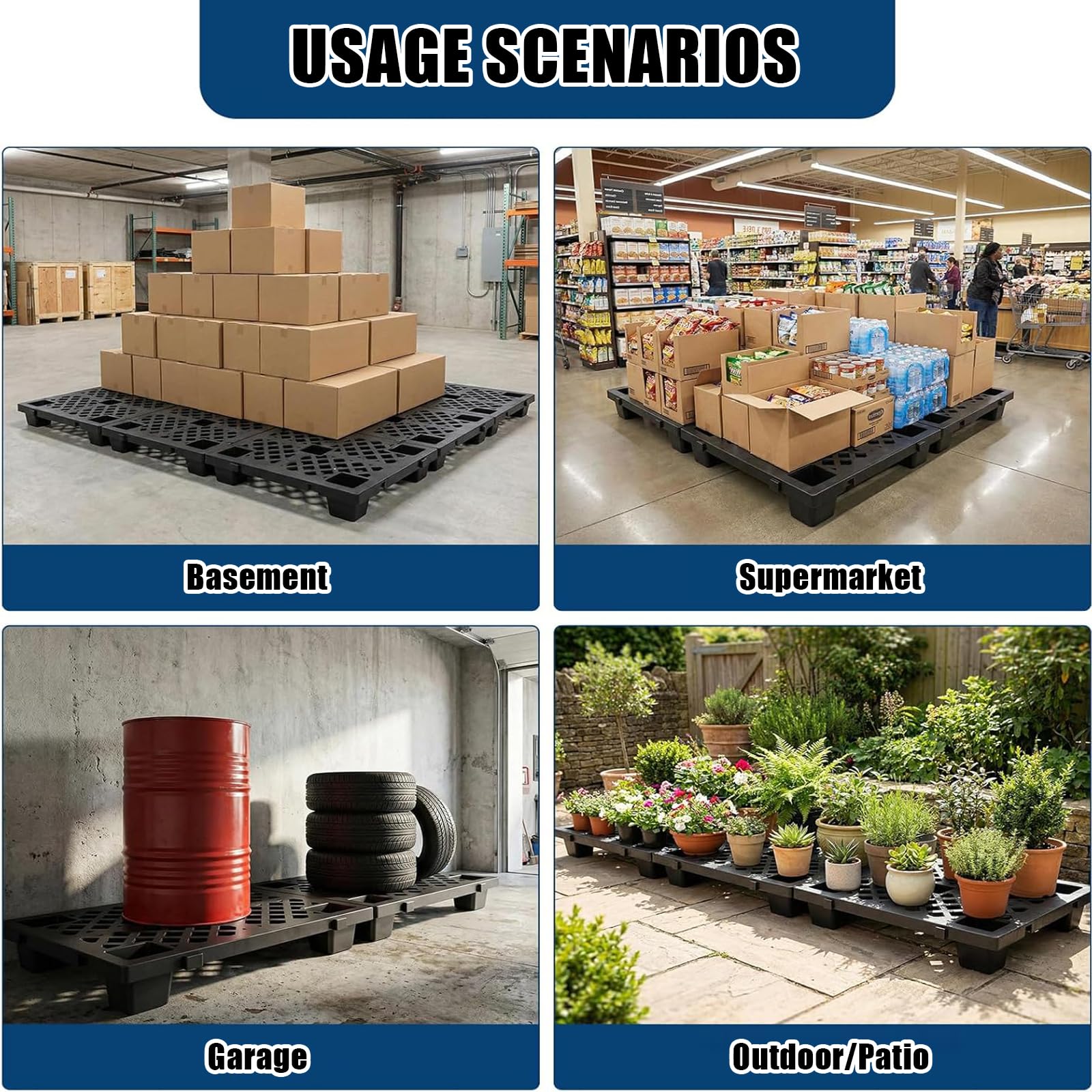 4pcs Pallet in Plastica Nero,Bancali Incastro Impermeabile Magazzino, per supermercati, garage e magazzini, 50x30x10 cm