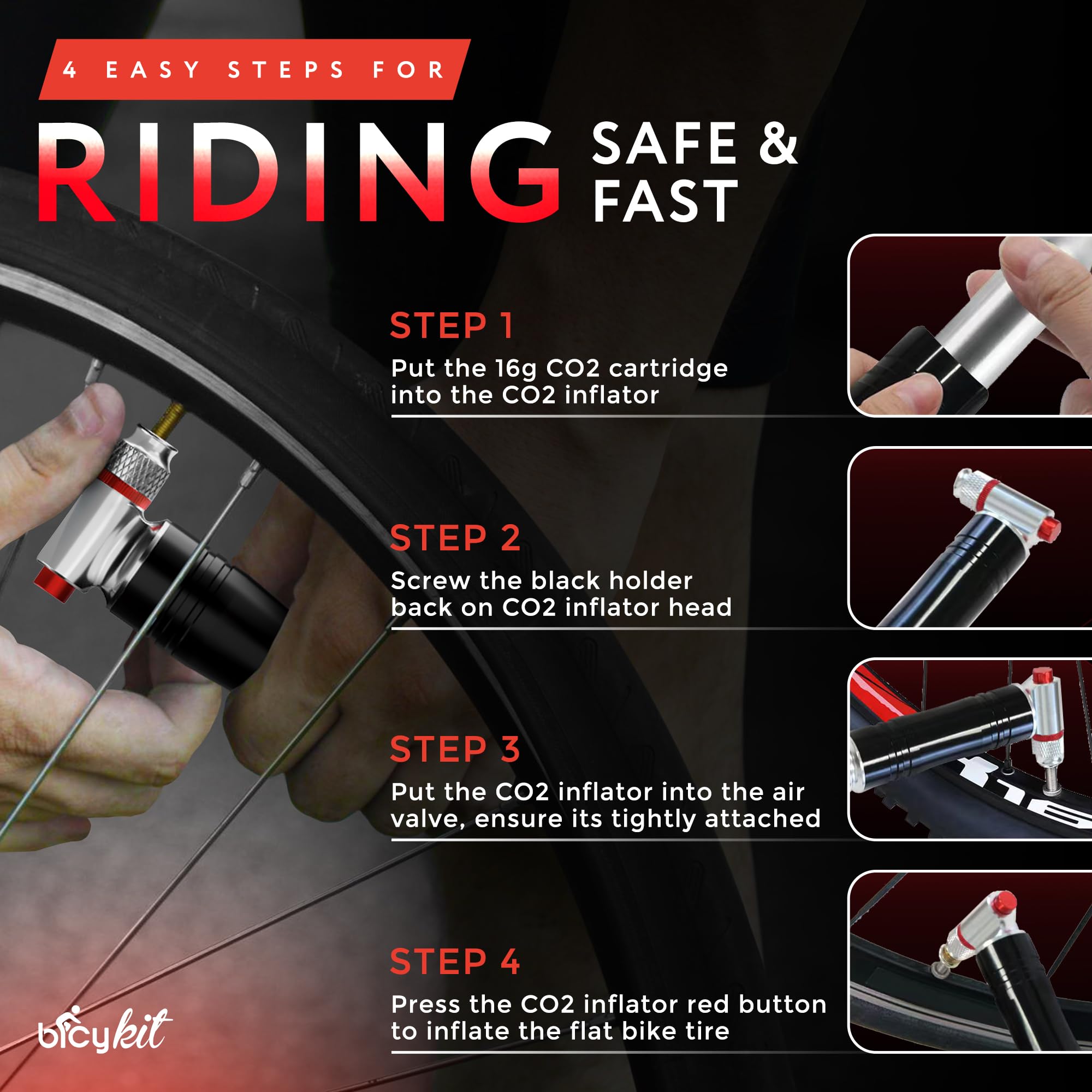 BicyKit - Inflador de neumáticos de bicicleta de CO2 con 4 cartuchos de CO2 - Válvula Presta y Schrader compatible con bicicletas de carretera y montaña - Accesorios de bicicleta de montaña para