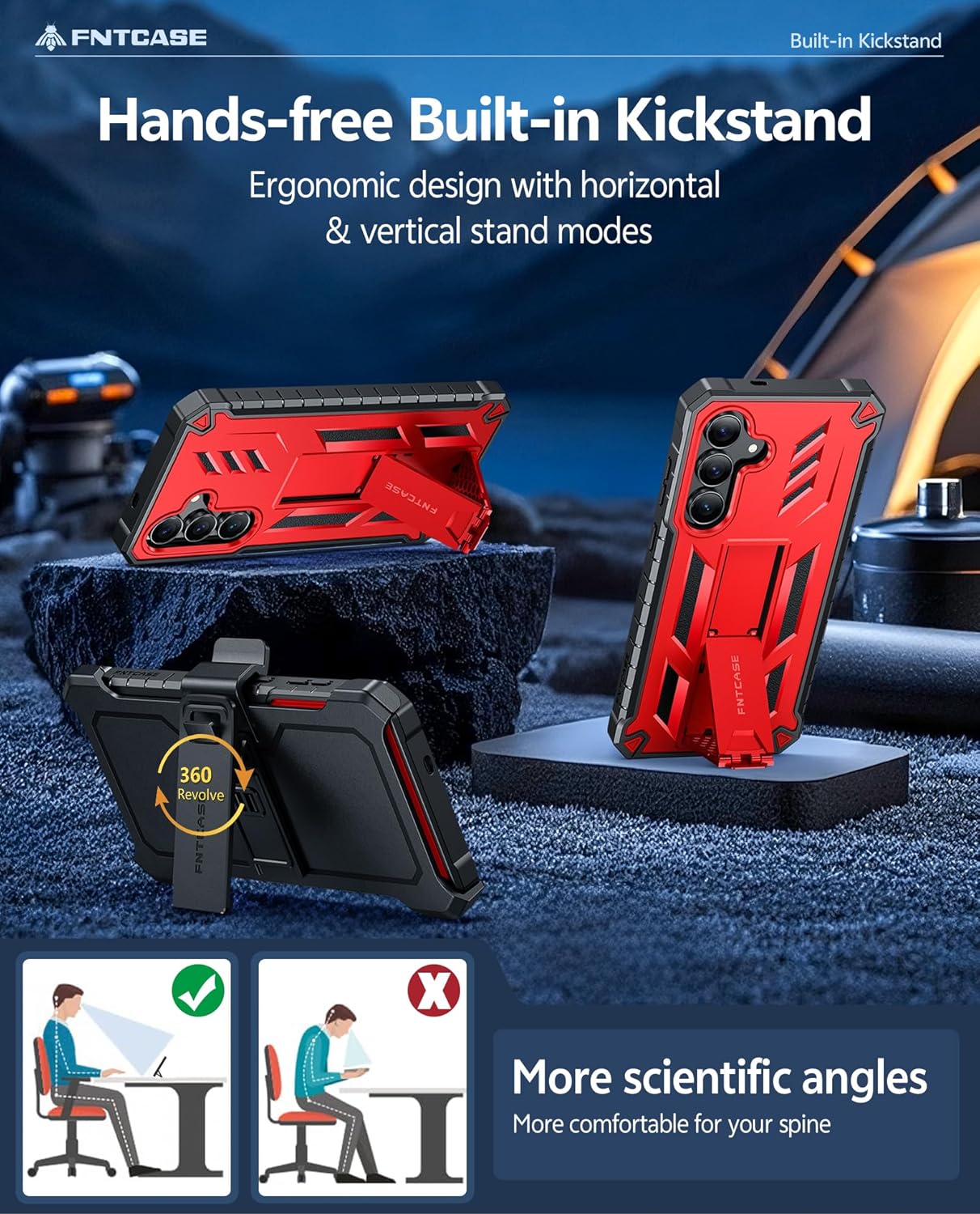 FNTCASE for Samsung Galaxy S25-FE Case: Military Grade Rugged Cell Phone Cover with Kickstand & Holster | Shockproof TPU Protection Bumper Matte Textured Design for Galaxy S25 FE Cases 6.7inch - Red