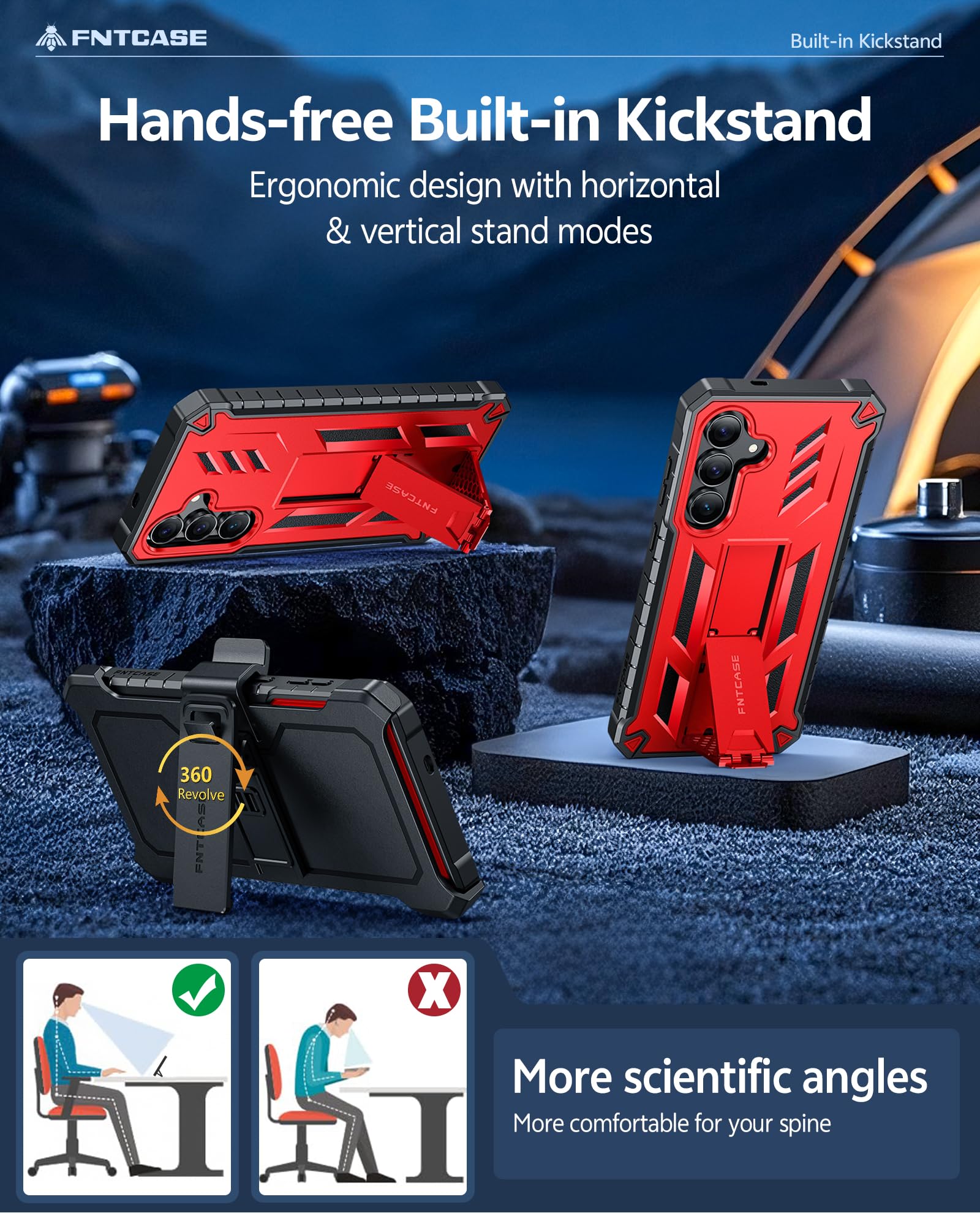 FNTCASE Coque pour Samsung Galaxy S25-FE : coque de téléphone portable robuste de qualité militaire avec béquille et étui | Protection antichoc en TPU mat texturé pour Galaxy S25 FE 6,7" – Rouge